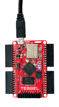 The Tessel Main Controller. It has 4 ports (the 4 protruding black rectangles) that allow for 'modules' to be connected to it.