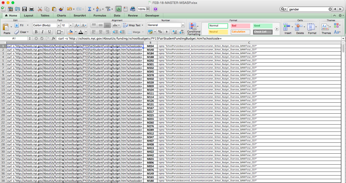 Constructed the curl command 500+ for every middle school in NYC times using excel