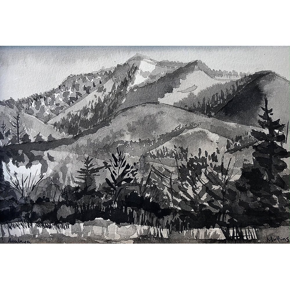 11/100:  Atalaya Mountain. 
Sumi ink on cream BFK paper. 

This mountain and the surrounding peaks and foothills wrap around Santa Fe like open arms.  It&rsquo;s one of my favorite places to run and it can be seen from pretty much anywhere in town.  