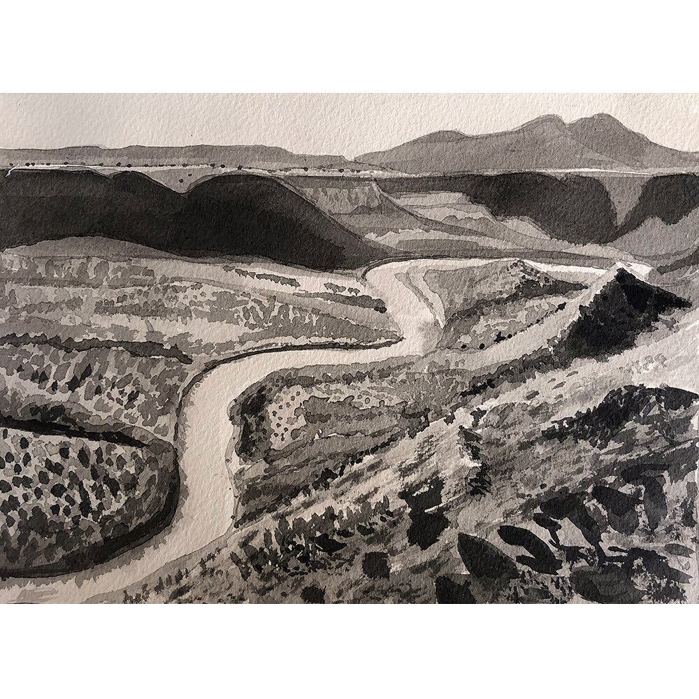 15/100:  Morning Light on the Rio Grande. 

Sumi ink on cream BFK 

#sumiink #sumi #suminkpainting #rio #riogrande #newmexico #landscapepainting #contemporarylandscapepainting #pleinair #enpleinair