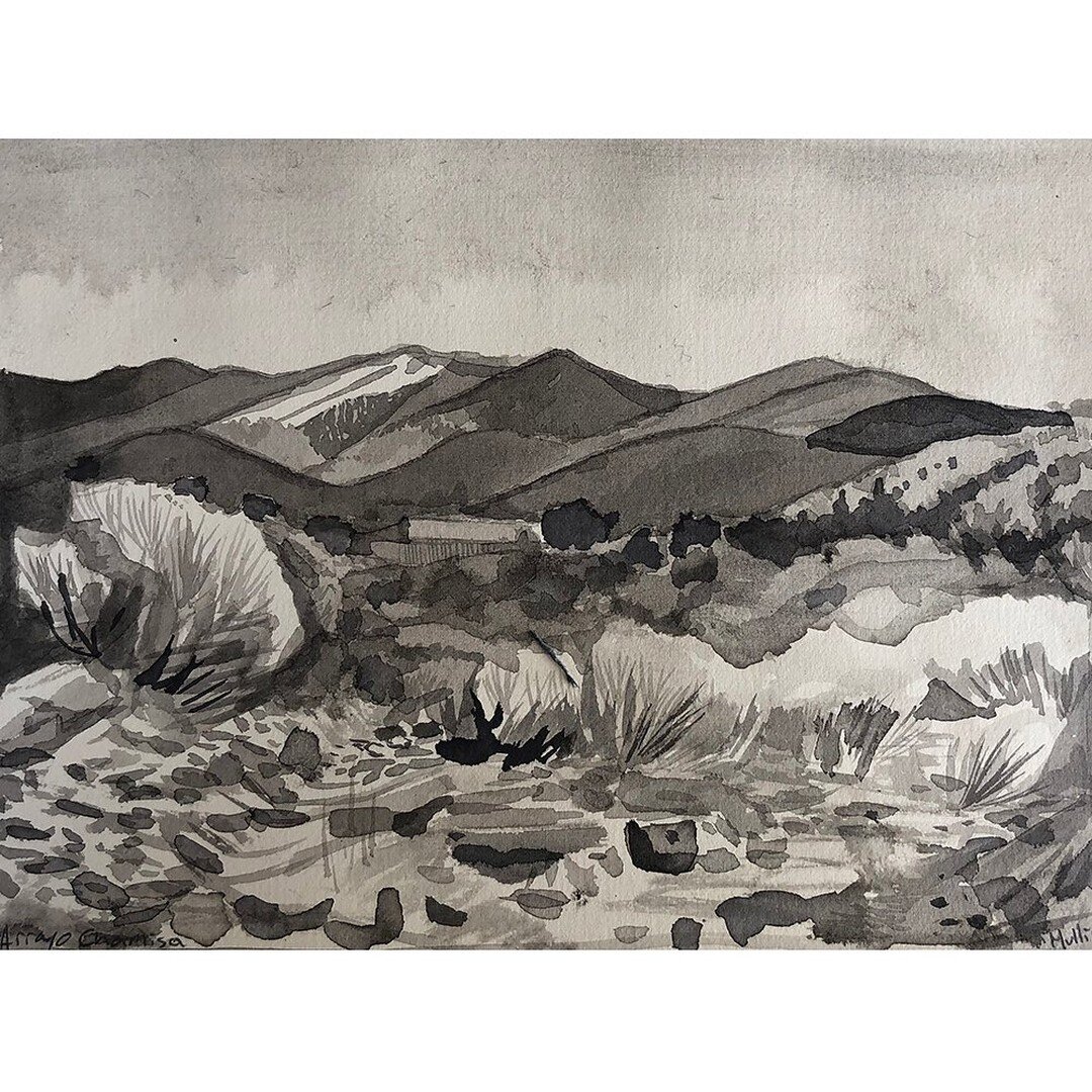 16/100: Arroyo Chamisa. Sumi ink on cream BFK. 

#painting #pleinairpainting #pleinair #sumi #sumiink #sumiinkpainting #arroyochamisa #santafe #landscapepainting #landscape