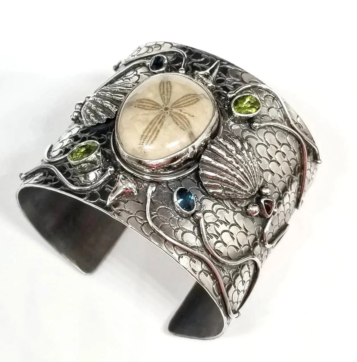 Custom Sterling Cuff with Fossilized Sand Dollar and Peridot