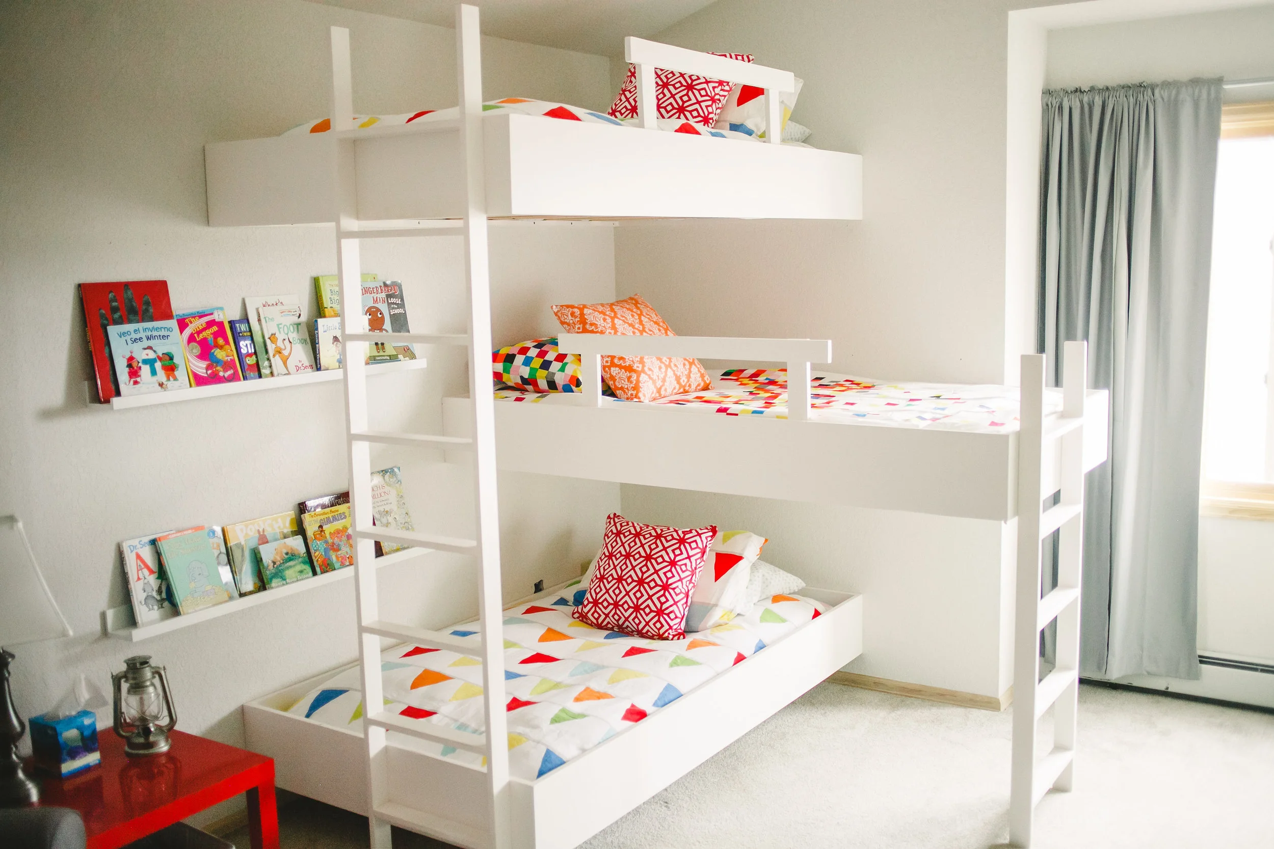 A modern take on a classic staple for kids. Ours love to climb from bunk to bunk.