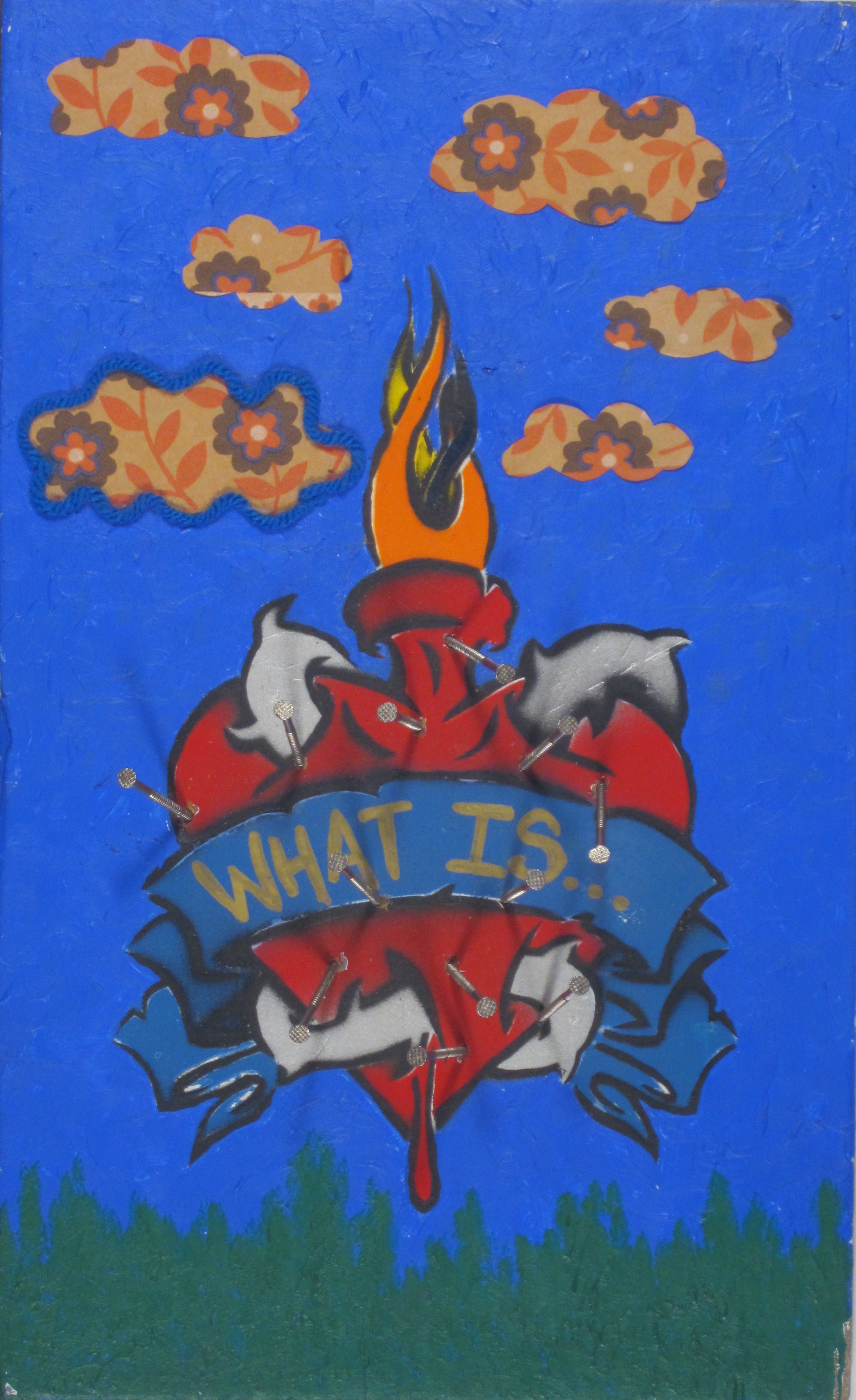 "What Is" Chico Soalone, 1990 Acrylic on board, nails, yarn, contact shelf paper The famous San Francisco Mission district mural and graffiti artist Soalone indulges in a rare small-scale piece in which he wallows in victimhood. This mini pity party expresses, in stylistic medieval symbolism, the pain of emotional despondency. Flames shoot violently from the top of the bleeding organ indicating a caldron of unsuppressed rage. O.K. Chico, so someone broke your heart. You probably drove her away with your bitching, moaning and complaining. Now, get over it, suck it up and stop whining! And don’t waste good art supplies on melodramatic, self-indulgent heaving. K.L.