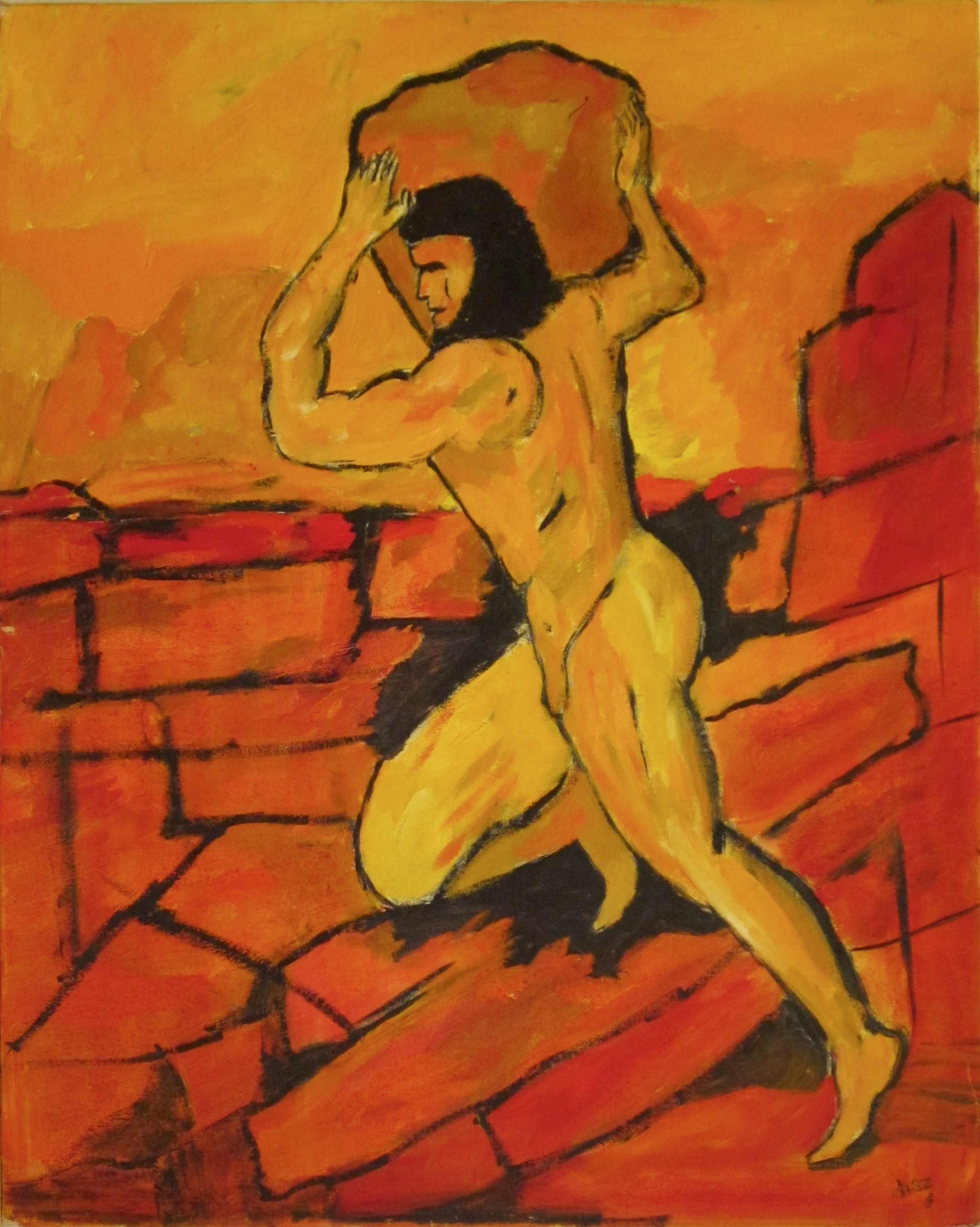 “Nimrod Gets His Rock Off” Nimrod Diaz, 1970 Oil on canvas For generations artists have been painting their dreams as a means to explore the mindscape of their psyche. In this painting a vulnerable Diaz portrays himself with a confused mish mash of feelings. On one hand looking like a defender of ancient Troy, he is clearly a superior specimen of naked masculinity. On the other hand he is a heavily pelted, lice ridden fellow with a severely deformed left forearm and no genitals or sandals. Alone, he sweats and frowns in the blazing sun, neither building nor dismantling the wall, but locked forever in a rigid stance of his own making. K.L.