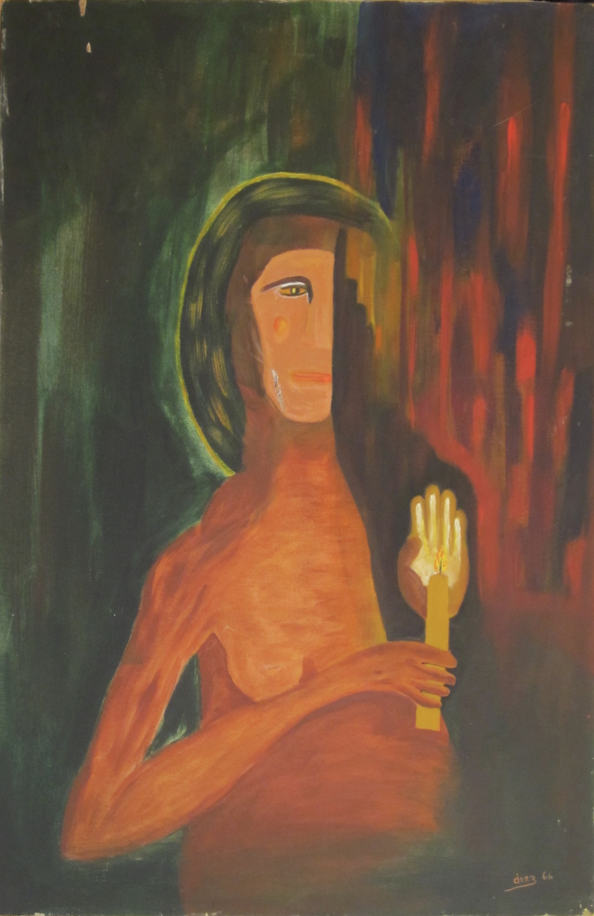 “The Groupie” Nimrod Diaz, 1966 Oil on canvas Looking sadly tense, and missing an ear, 9 months pregnant Mary Magdalene stumbles to the outhouse for the 4th time that night. What a fool she was to believe his lines about being the “Son of God” and ”I’ll save you a place in heaven, baby, right next to me.” I mean, Jesus! Any girl would have spread 'em for the Son of God! He had promised her a part in the big story that his friends were going to write about him. He said it would be a best seller for hundreds of years with a shit ton of residuals and that she would be the subject of famous paintings, and something called “movies” many years in the future. Now he’s gone and she is left with a big belly, an annoying light behind her head, and a scar on her jaw where some self-righteous bastards at the market place tried to stone her. K.L.