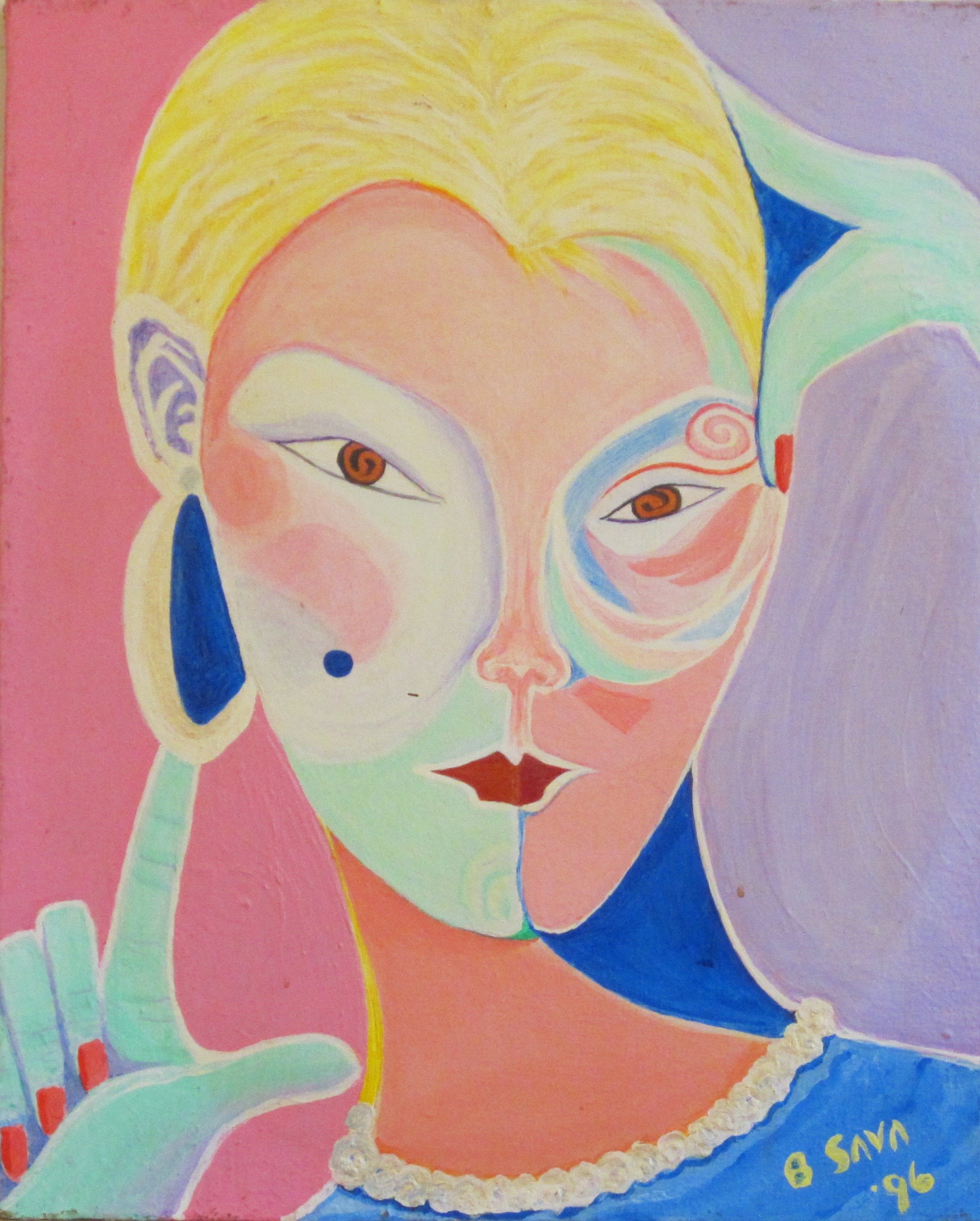 “Tankin It” B. Sava, 1996 Crushed Necco Wafers on canvas The mellow pastel pallet of this work initially speaks of calm serenity, but closer examination reveals a treacherously turbulent undercurrent. Barely concealed is a high school biatch on the verge of a torrent of nasty verbal vitriol. The pinwheel eyes signal a berserker binge brewing and her split personality is reflected in two mismatched facial halves. A cautionary right hand is raised in warning as a left green flipper presses against her temple, perhaps to ward off “like OMG! another friggin migraine.” We take note of a delicately rendered, purple cabbage ear, but the lack of a another one may mean she is listening only half the time. K.L.