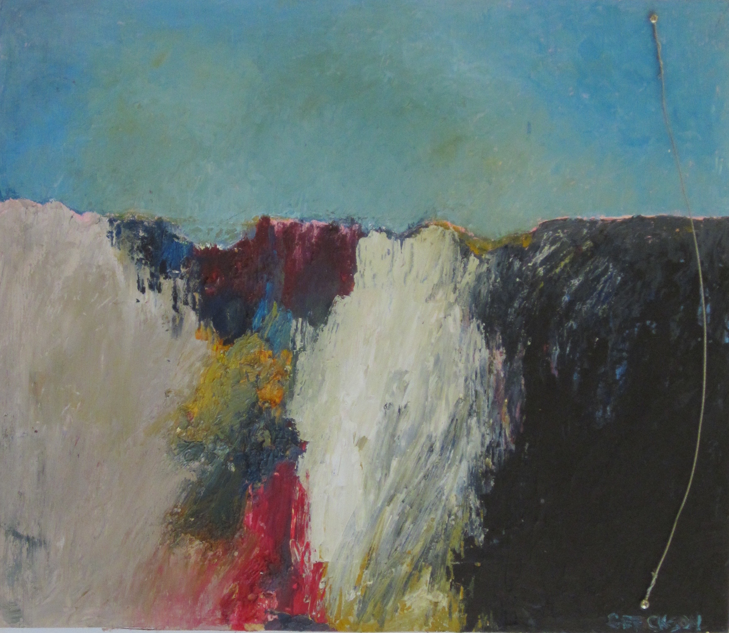 “Niagara Fails With String Theory Fall Back” (Front) Ralph Waldo Gerickson, 1968 Tinted oatmeal on plywood, acrylic knitting yarn, nails Our artist admits that the reason he tried to paint the famous waterfall was because he did not have the courage to go over it in a barrel. We give him credit for having at least ventured into the rare and extremely difficult field of painting with oatmeal. But Discouraged with his effort, Gerickson, turned the piece over and used the flip side (see next image) to create one of the first models for the burgeoning new theoretical framework called bosonic string theory. K.L.