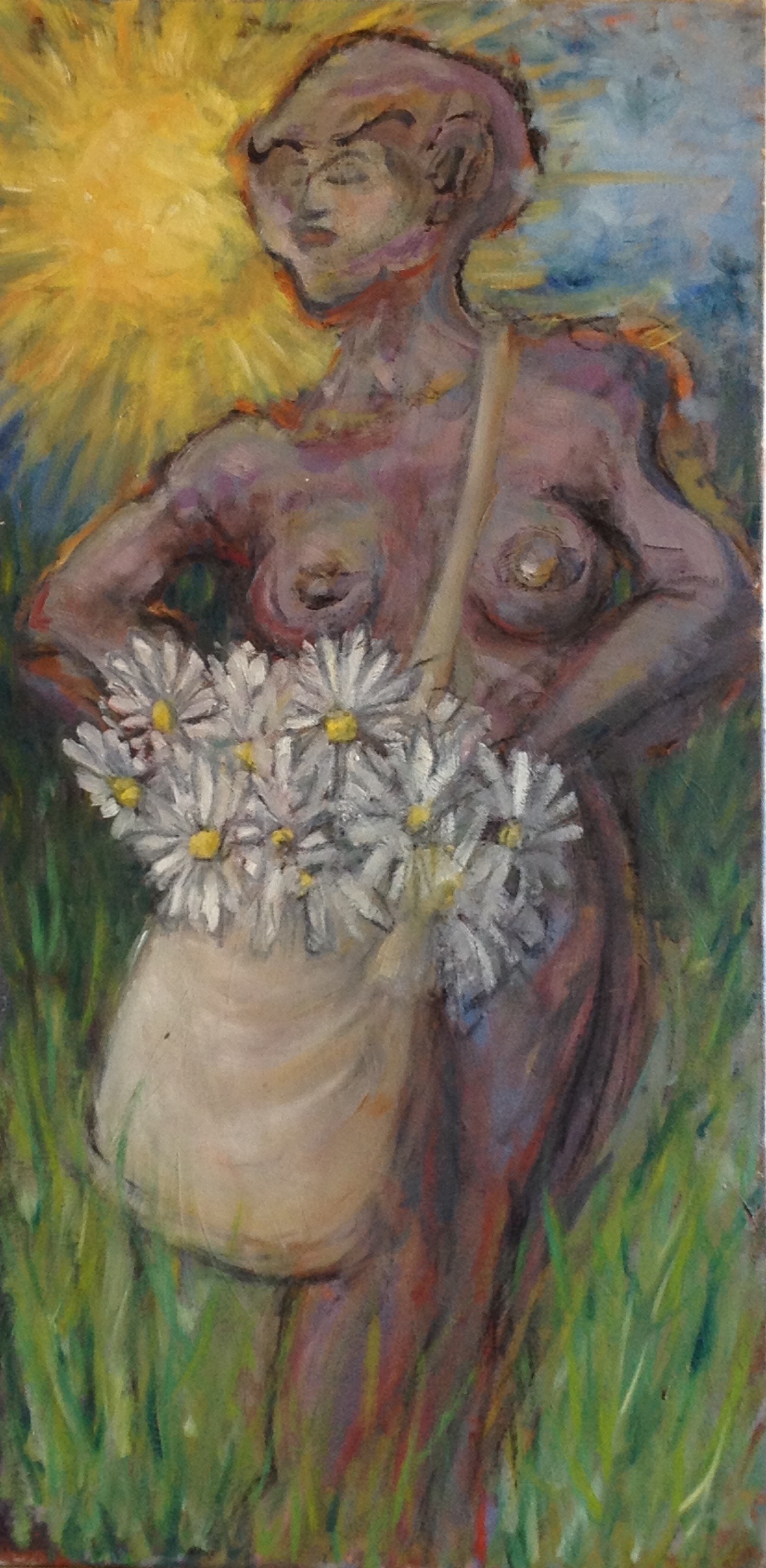 “Big Bosomed Bertha the Daisy Bagger” Eve DiParadiso, 2002 Oil on canvas
Normal.dotm
0
0
1
69
395
home office
3
1
485
12.0
0
false
18 pt
18 pt
0
0
false
false
false
/* Style Definitions */
table.MsoNormalTable
{mso-style-name:"Table Normal";
mso-tstyle-rowband-size:0;
mso-tstyle-colband-size:0;
mso-style-noshow:yes;
mso-style-parent:"";
mso-padding-alt:0in 5.4pt 0in 5.4pt;
mso-para-margin:0in;
mso-para-margin-bottom:.0001pt;
mso-pagination:widow-orphan;
font-size:12.0pt;
font-family:"Times New Roman";
mso-ascii-font-family:Cambria;
mso-ascii-theme-font:minor-latin;
mso-fareast-font-family:"Times New Roman";
mso-fareast-theme-font:minor-fareast;
mso-hansi-font-family:Cambria;
mso-hansi-theme-font:minor-latin;}
Normal.dotm
0
0
1
23
135
home office
1
1
165
12.0
0
false
18 pt
18 pt
0
0
false
false
false
/* Style Definitions */
table.MsoNormalTable
{mso-style-name:"Table Normal";
mso-tstyle-rowband-size:0;
mso-tstyle-colband-size:0;
mso-style-noshow:yes;
mso-style-parent:"";
mso-padding-alt:0in 5.4pt 0in 5.4pt;
mso-para-margin:0in;
mso-para-margin-bottom:.0001pt;
mso-pagination:widow-orphan;
font-size:12.0pt;
font-family:"Times New Roman";
mso-ascii-font-family:Cambria;
mso-ascii-theme-font:minor-latin;
mso-fareast-font-family:"Times New Roman";
mso-fareast-theme-font:minor-fareast;
mso-hansi-font-family:Cambria;
mso-hansi-theme-font:minor-latin;} Recovering from a double root canal Bertha spends a day naked in the field picking flowers. A full body second-degree sunburn will take her mind off her jaw pain. K.L. and J.C.