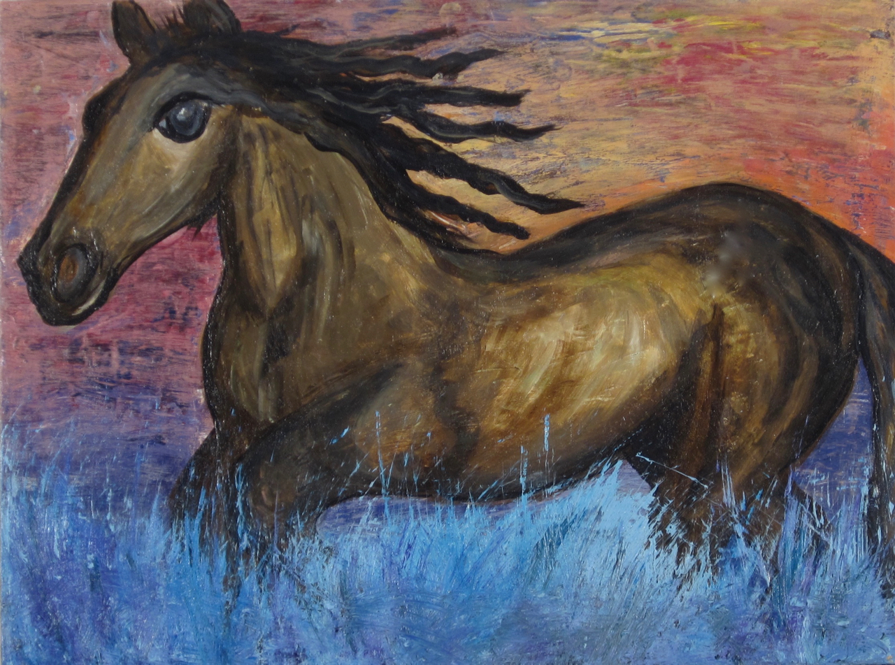 “Palomino Splish-Splash” Timothy Manwich Cruelty-free chalk on paper Timothy Manwich, born 1964 in New Mexico, has spent his entire career painting scenes inspired by the American Southwest of his youth. This piece, he once explained to Bolo Tie Aficionado magazine, came to him in a dream: “I was walking alone and glimpsed the most beautiful wild mare I had ever seen. She beckoned to me as she frolicked in what was either blue grass or very grassy water, it was hard to tell, dreams are weird like that.” Manwich’s upbringing gave him a unique perspective on this subject and the New Mexican terrain, and he can recommend a really good place to get empanadas. Spencer Bainbridge, Art Historialogian