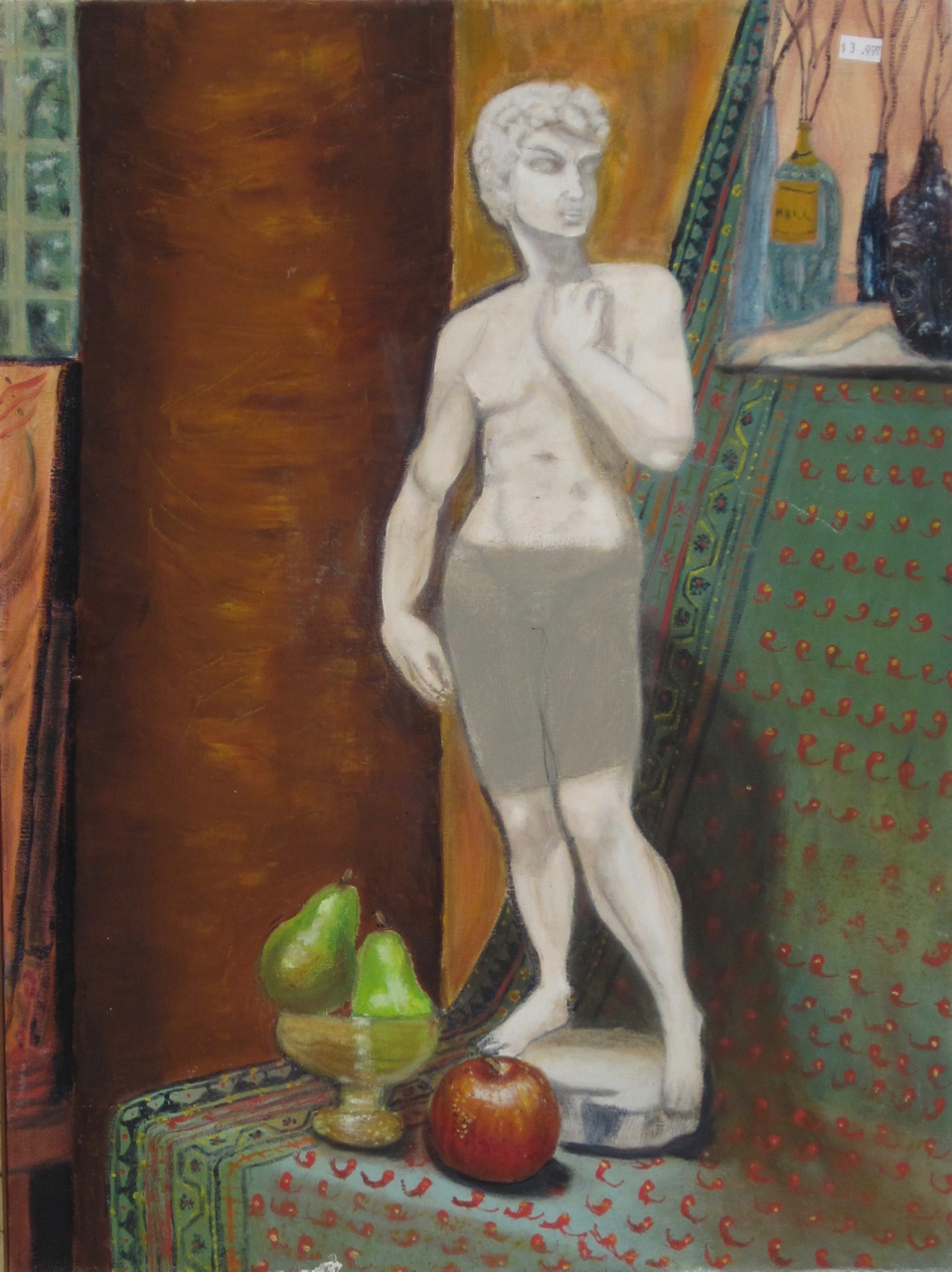 “Organ Concert Cancelled” Francis Leonides, 2007 Oil on canvas It’s safe to say this diminished Davide is not going to turn our heads or flood our basements…right, ladies? I mean, what self respecting hetero woman would look twice at a guy in tight mocha shorts with a perpetual frown, purse lipped pout and a missing baloney pony - and then there’s the shriveled ankles, tiny feet and his four fingered hands. The only thing that’s hot about this work is the obsessively painted chili peppers lined up in rows on the bedspread. But, lest we be excessively critical, we take note of the skillfully painted red apple - complete with bug marks, and the heart stopping tension created by a sassy little green pear precariously balanced on the edge of a levitating cup. K.L.