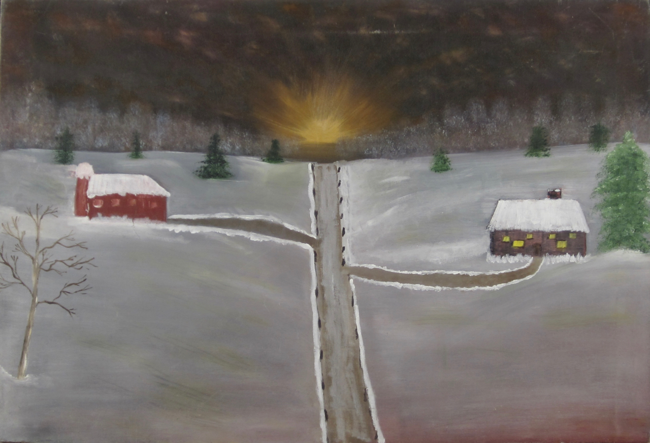 “The Road to Hell Is Plowed With Bad Perspective” Brock Danforth Daniels, 1935 Oil on canvas In this disquieting work Daniels diddles halfheartedly around the edges of a naïve painting style - but Grandma Moses or Rousseau he is not and as with most diddling, we are left feeling hung out to dry and frustrated. The barn and house quietly sit there like turds on the sidewalk – something to be noted, repulsed by and then cautiously gone around. Quickly loosing interest, our eyes wander to the horizon where a dingy sun, neither rising nor setting, hangs smothered in a dark, ominous gloom. We did like the mauve colored snow. It was nice and reminded us of raspberry gelato. K.L.