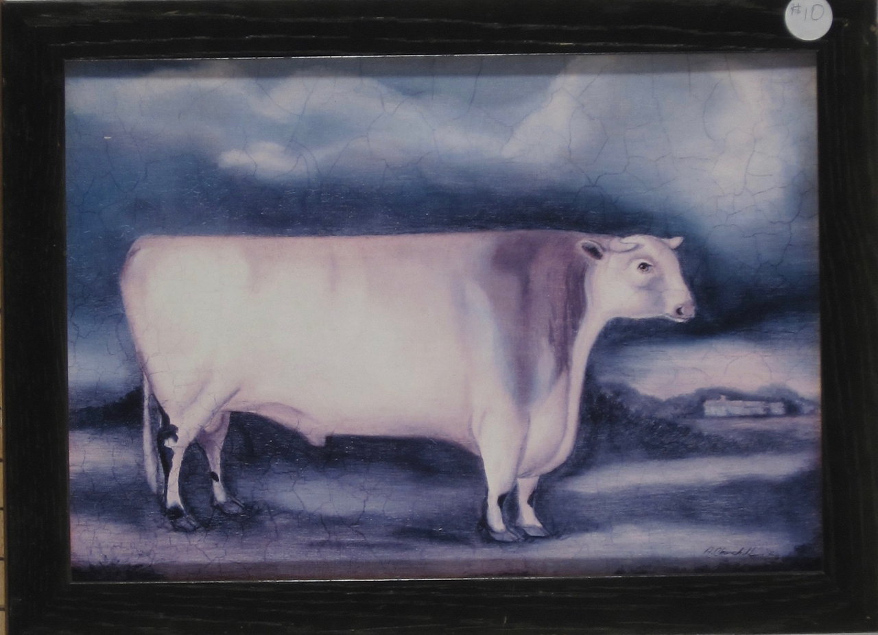 “A Bovine’s Dream” A. Churchill, 1999 Oil on canvas This artist was named “The Bovinator” in his early days and we can certainly see why as we gaze upon this work by Billy “Biff” Bovinski (aka A. Churchill.) The “Bovine Dream” is the best of an oeuvre which focused on drawing, painting, and sculpting cows, bulls and steers. Several features of this work must be noted - the bull’s absolutely straight back exemplifies Biff’s affection for linear delineations; the elongated torso terminating in a pendulous bosom that competes for attention with the less pronounced male genitalia and the tiny house in the background. Art analysts concur that the “Bovine’s Dream” was to live in the master’s house with him, but not as a pair of boots, belt or leather jerkin. Always attempting to make his art available to the masses, at the time of his demise the artist was attempting to turn this painting into a jigsaw puzzle, as confirmed by the irregular shapes on the work’s surface. Mike Jones