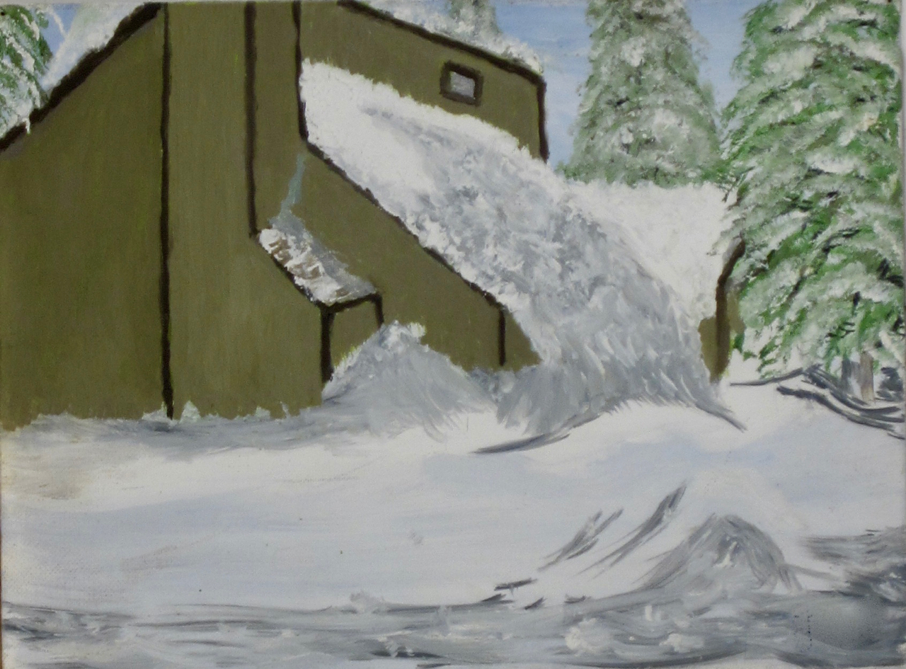 “Getting Clean in the Mountains Epsilon Chi Nu, 1989 Oil on canvas board An alpine laundromat overflows with soap bubbles. K.L.