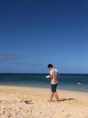 The author stands alone on a peaceful sandy beach, gazing out at the calm, blue ocean stretching to the horizon under a clear sky on a beautiful day.