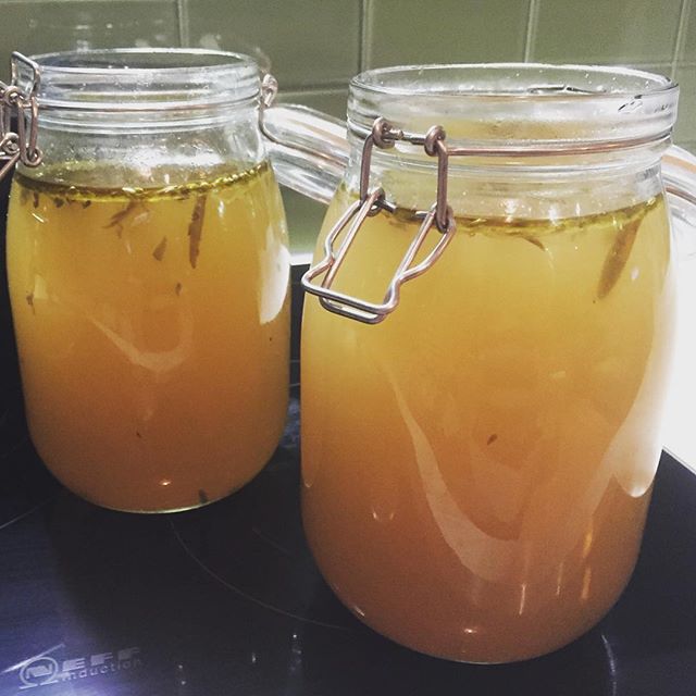 Chicken broth batched and ready for the new week.