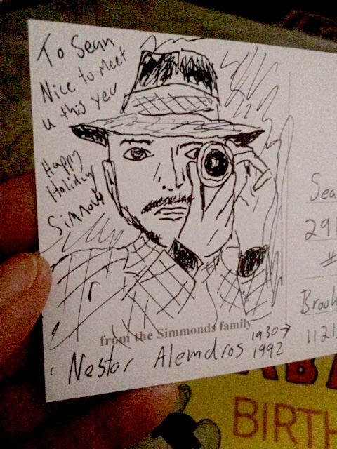 christmas card i sent to the dop sean price williams this year. its a portrait of nestor almendros by yours truly.