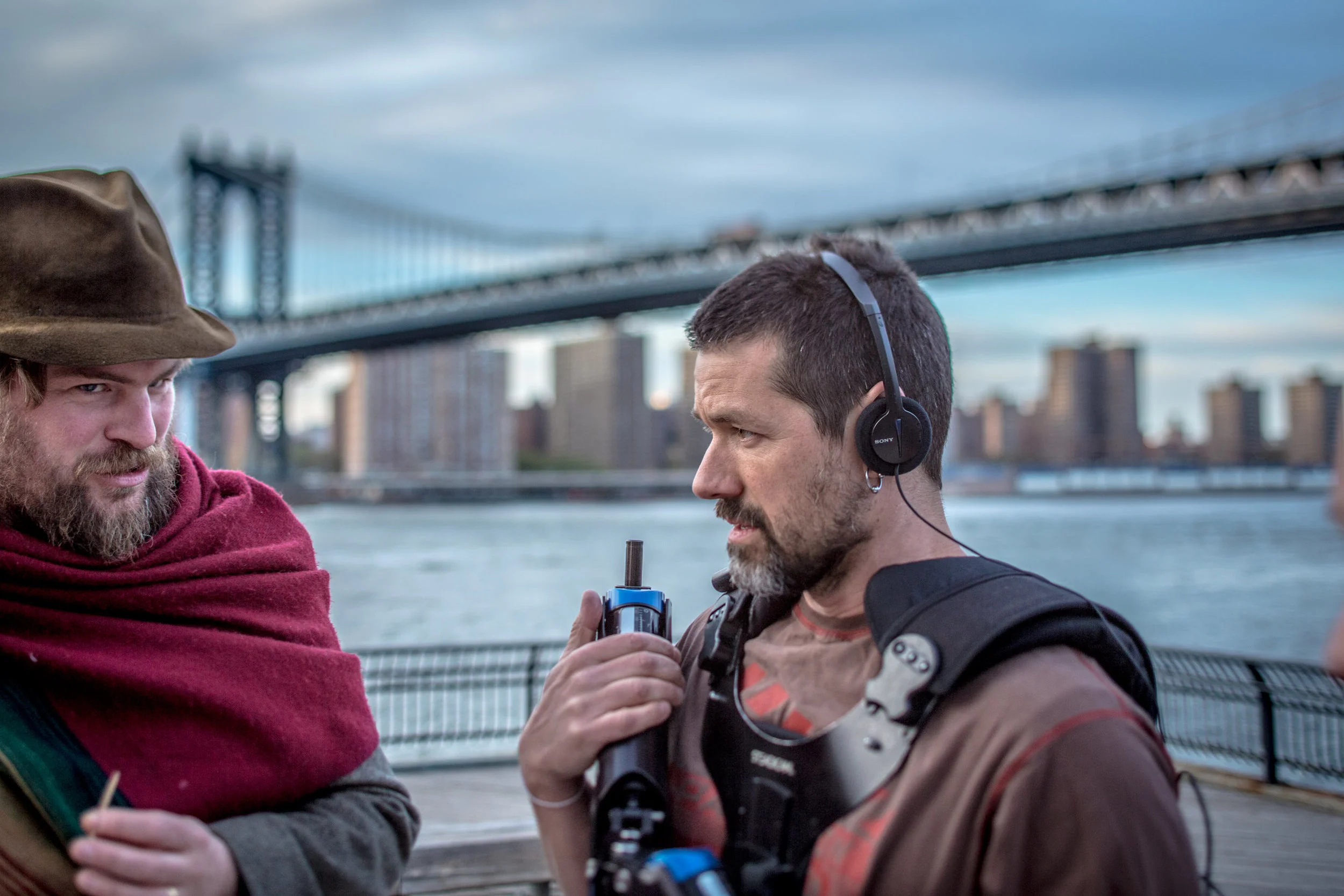me trying to explain some half baked idea to the wonderfully talented, peter vietro- hannum. photo by niko tarernise (aka the best set photographer ever)