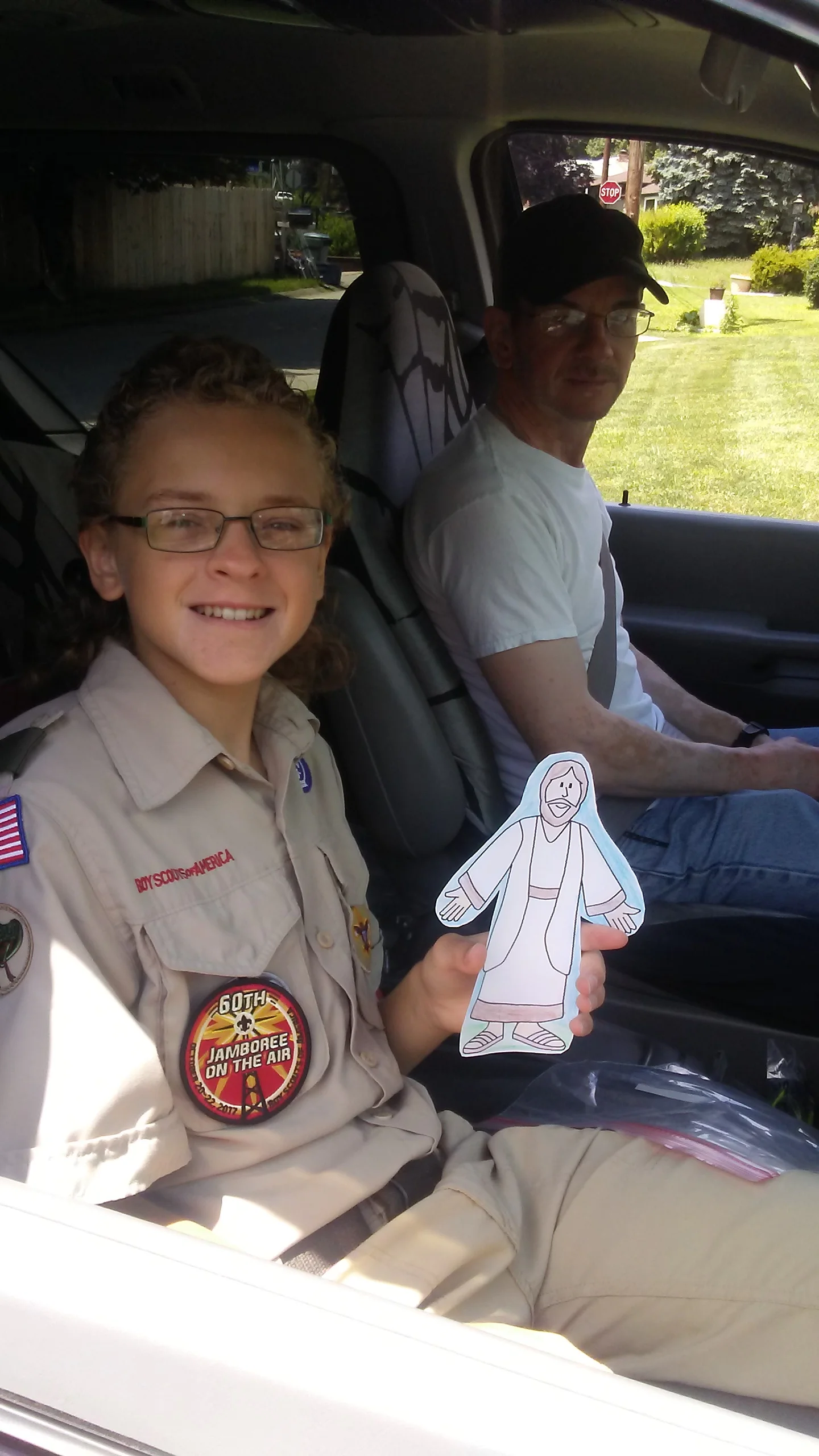 Flat Jesus is on his way to Boy Scout camp for the week with Dean and Blaise..jpg