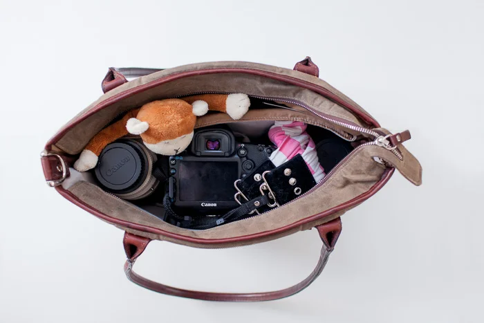 packed camera bag with camera and shutter hugger