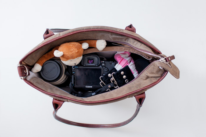 packed camera bag with camera and shutter hugger