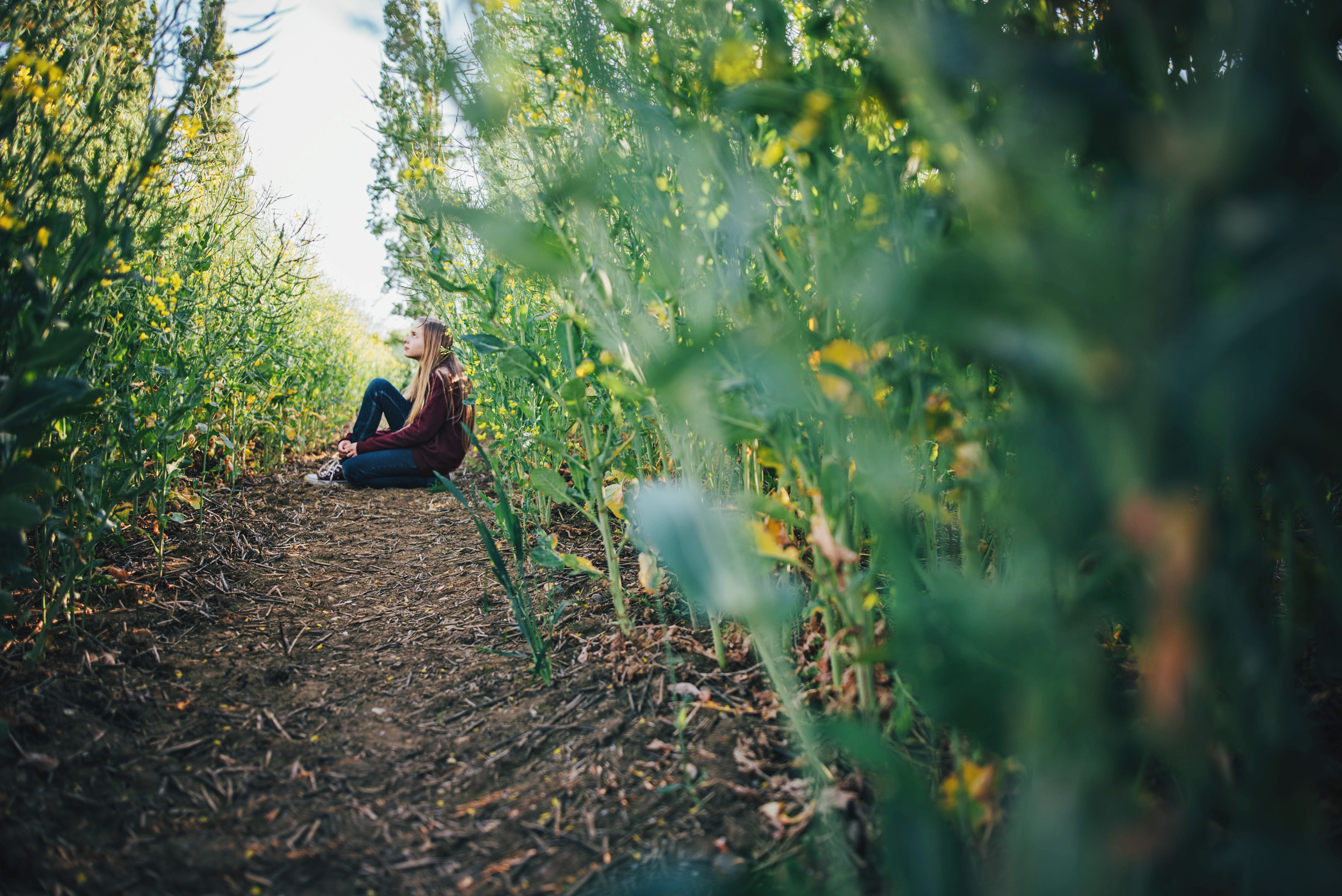 Tween girl sits in green field Essex UK Documentary Portrait and Lifestyle Photographer