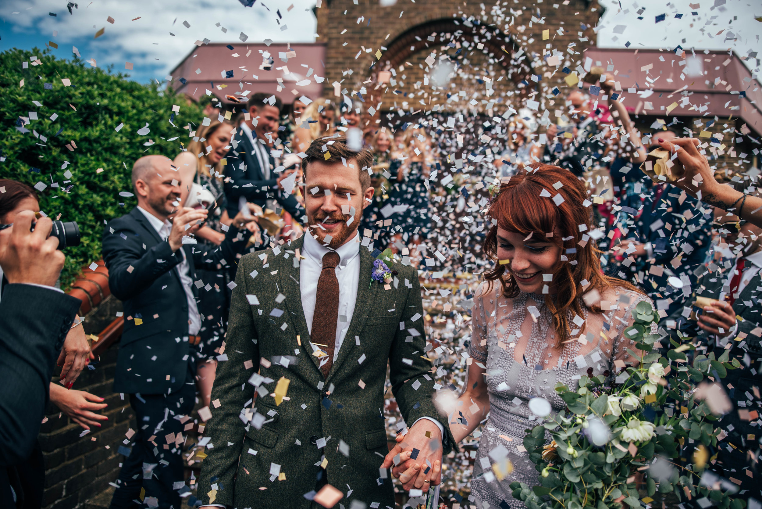 Bride and Groom confetti Bride wears Lilac dress Village Hall DIY Wedding Essex Documentary Wedding Photographer