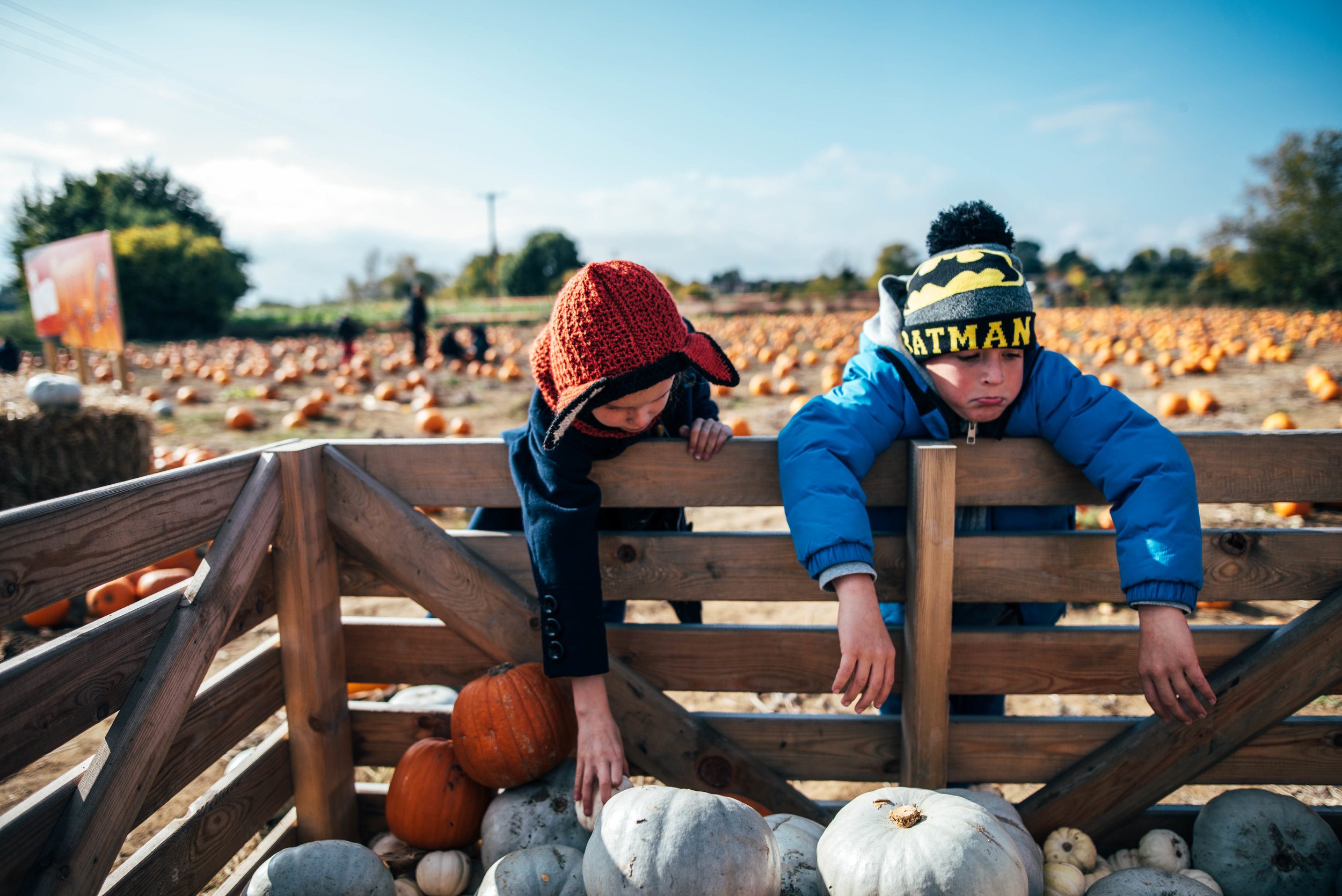 Two kids hang on Pumpkin crate Essex UK Documentary Portrait Photographer