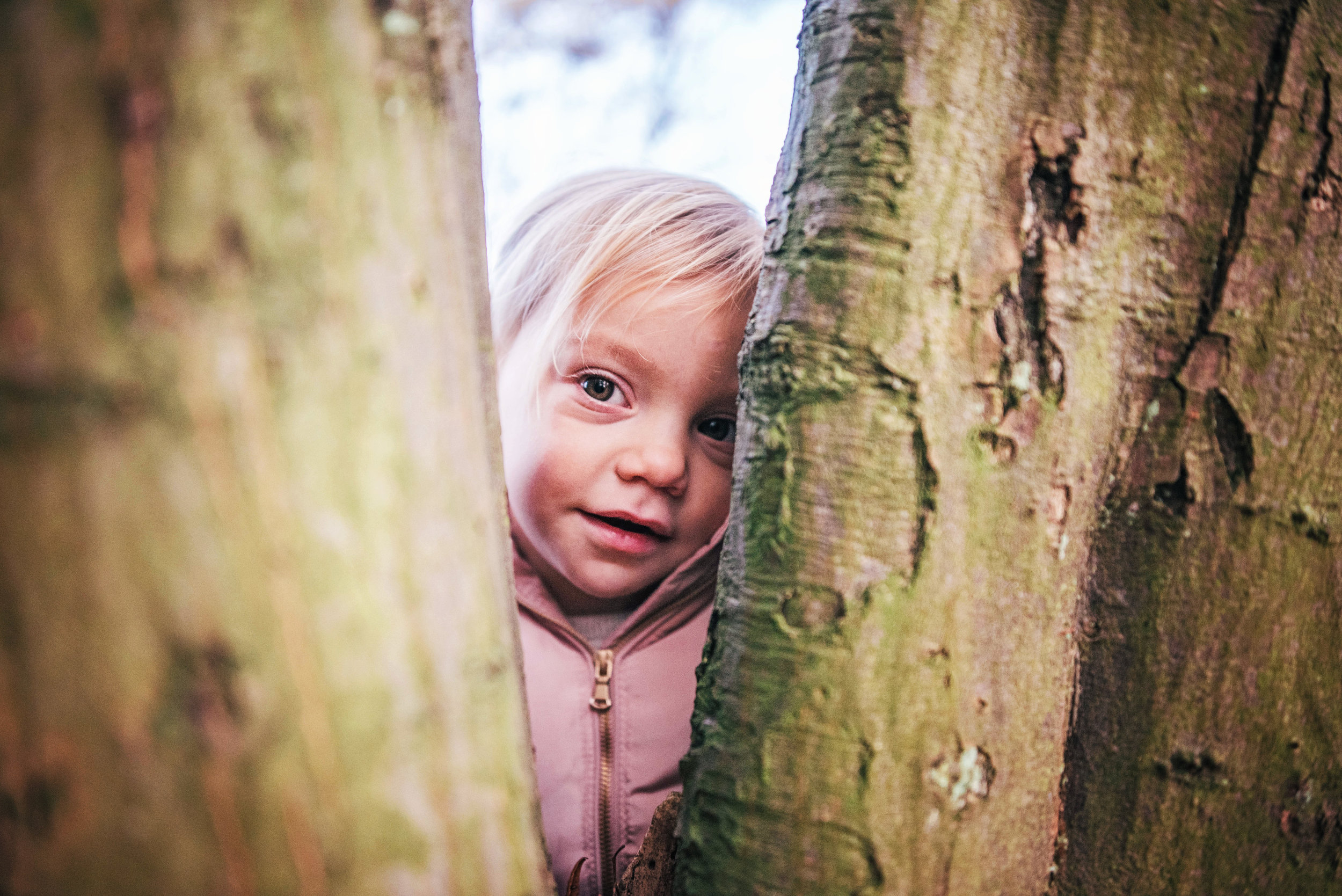 Little girl peeps through tree Lifestyle Shoot Essex UK Documentary Portrait Photographer