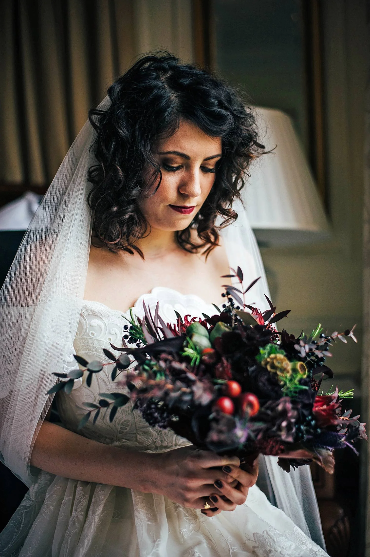 Gothic inspired vintage 80s dress Autumn Village Hall wedding Essex UK Documentary Wedding Photographer
