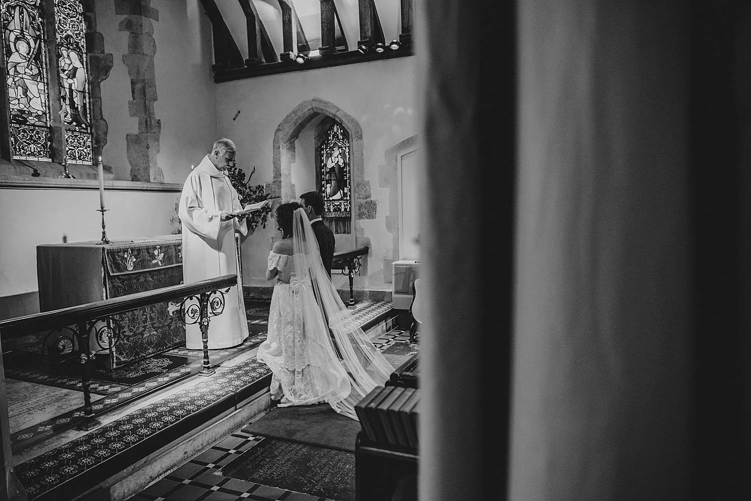 Gothic inspired vintage 80s dress Autumn Village Hall wedding Essex UK Documentary Wedding Photographer