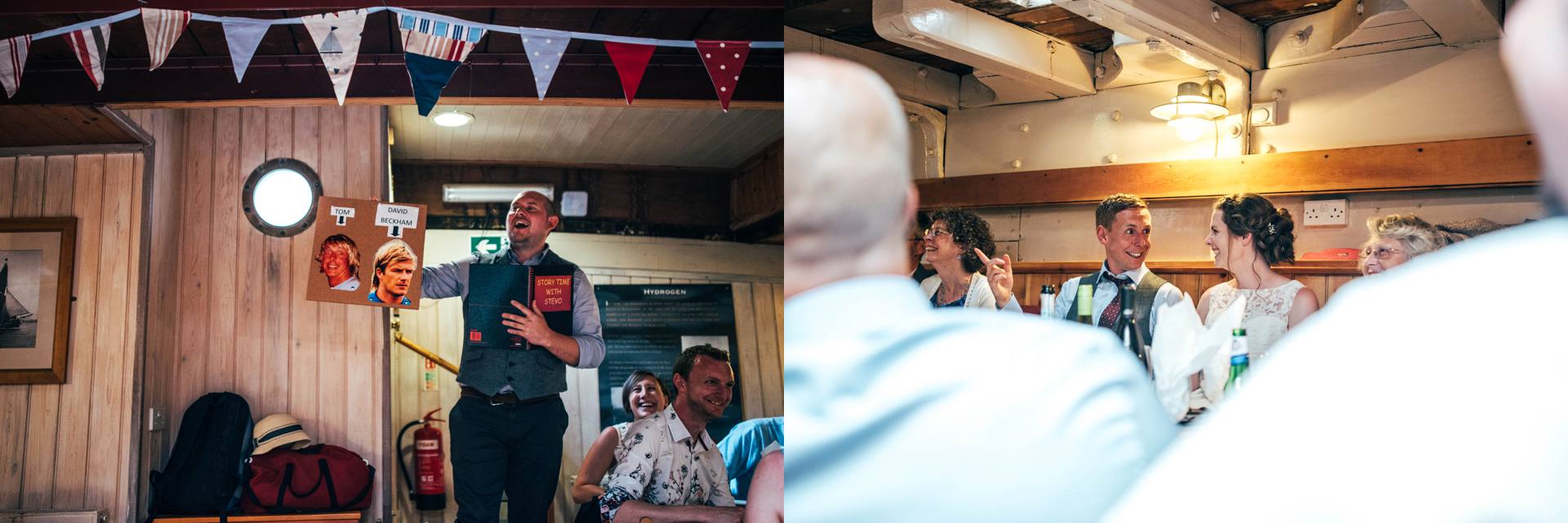 Alternative diy wedding on a boat with steam fairground Essex UK Documentary Wedding Photographer