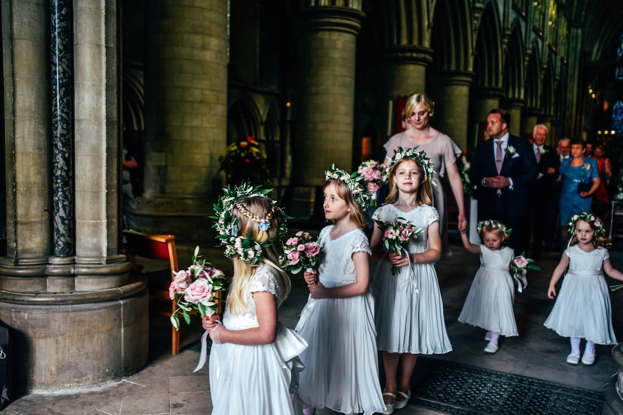 Elegant English Wedding Pink Flower Crowns Norwich Cathedral Kimberley Hall Bride wears Katrine Mogensen Essex UK Documentary Wedding Photographer