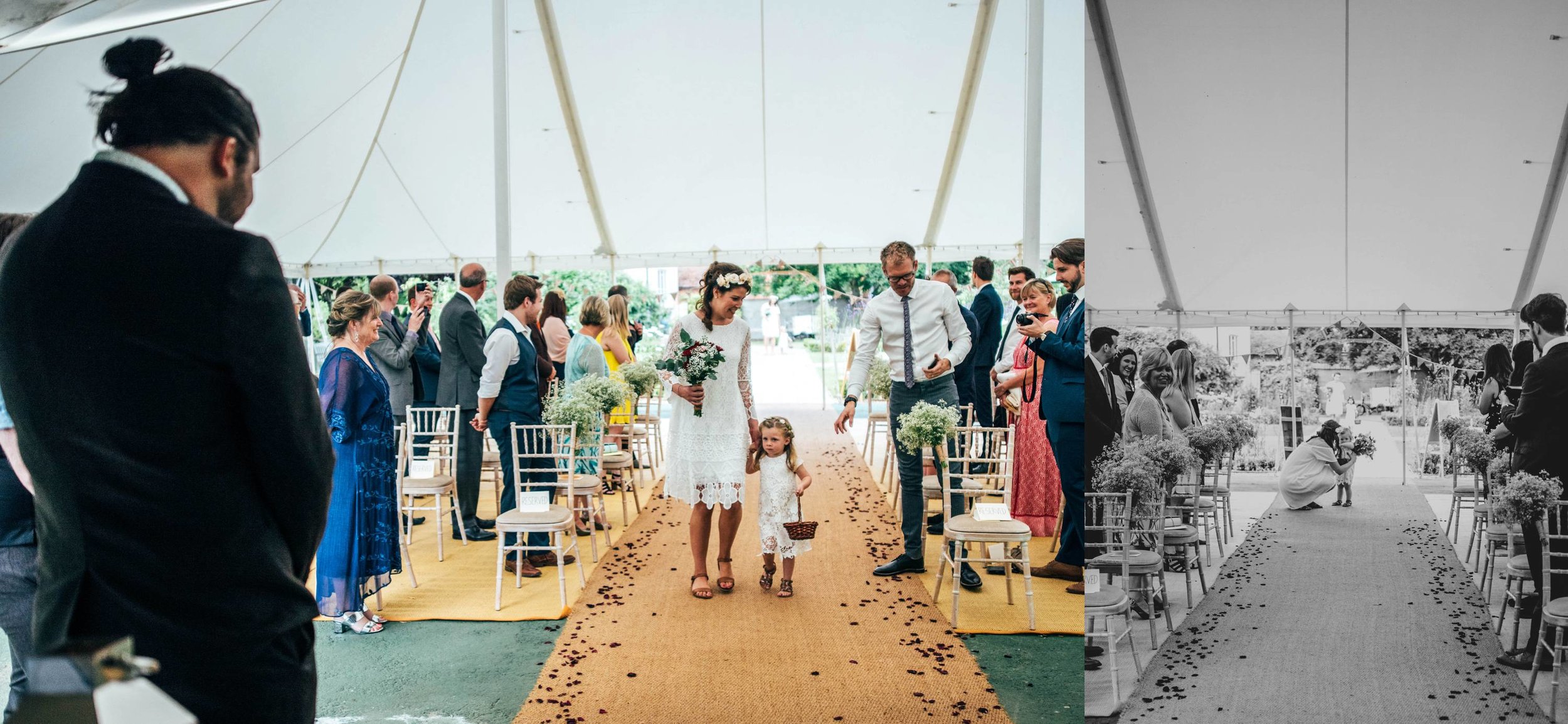A Boho, Barefoot, DIY Wedding at Houchins, Essex. Bridesmaids in white with flower crowns, Groom in tweed with bowtie and Braces. Essex Documentary Wedding Photographer.