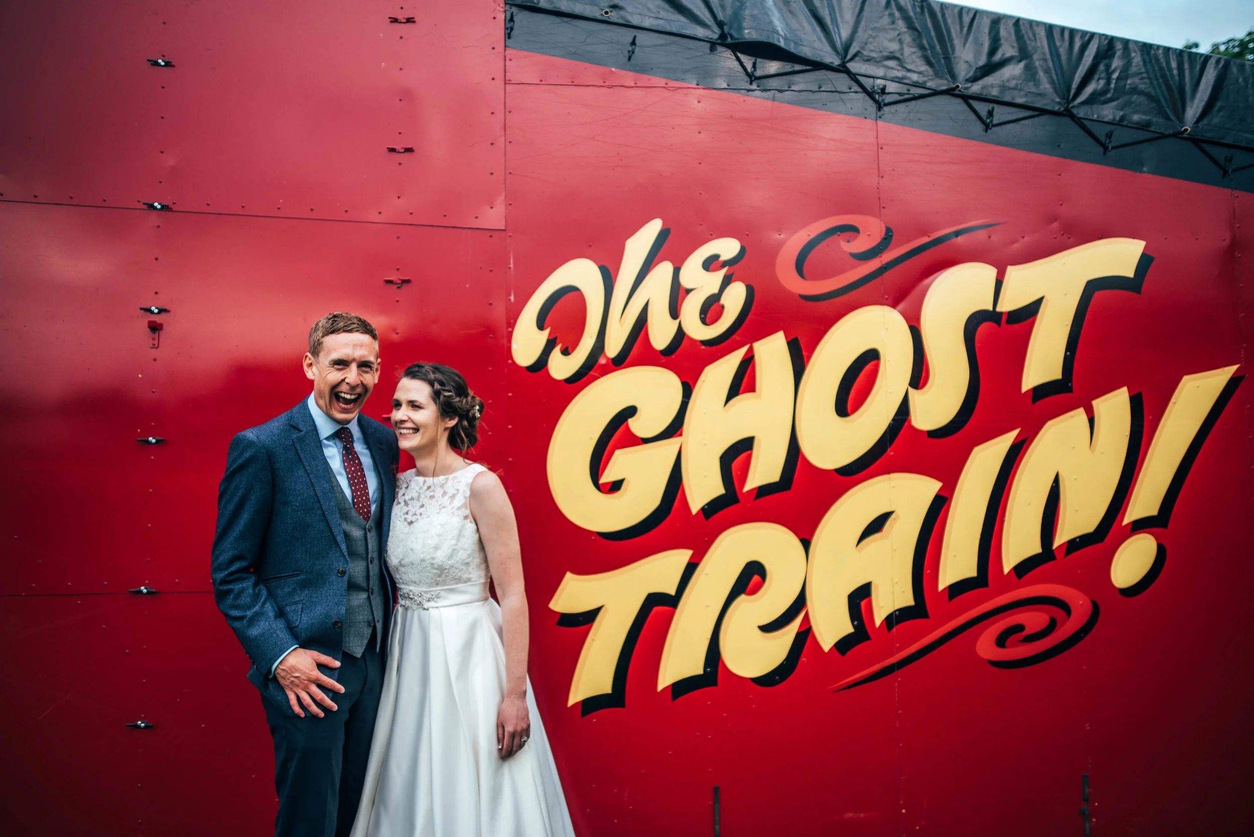 Bride and Groom by Ghost Train Steam Fair Wedding Essex Documentary Wedding Photographer