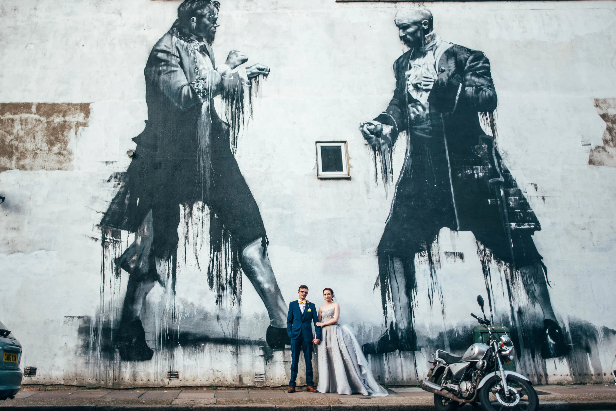 Bride and Groom against Graffiti Wall London Essex Documentary Wedding Photographer