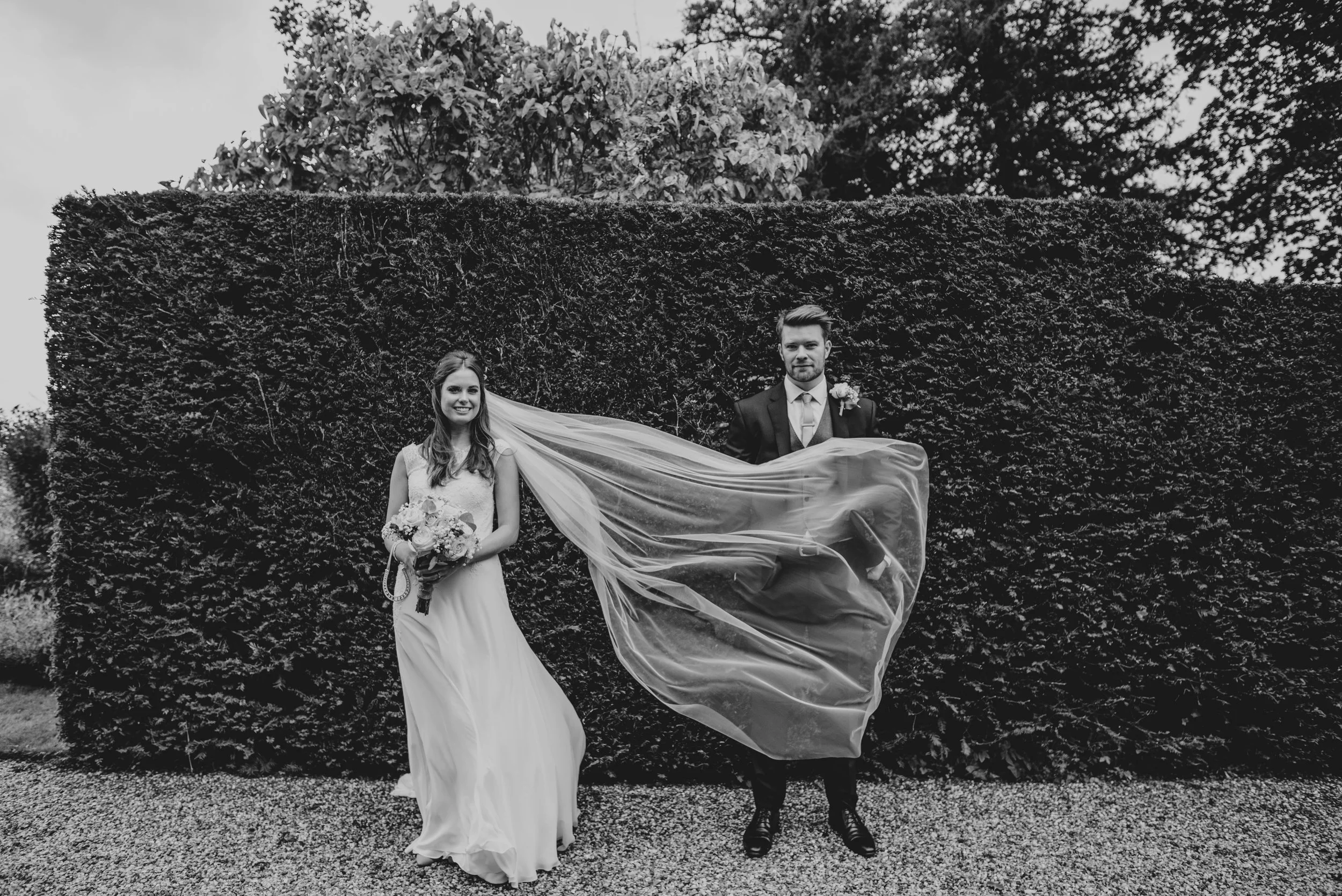 Bride Groom Windswept Veil Blake Hall Essex Documentary Wedding Photographer
