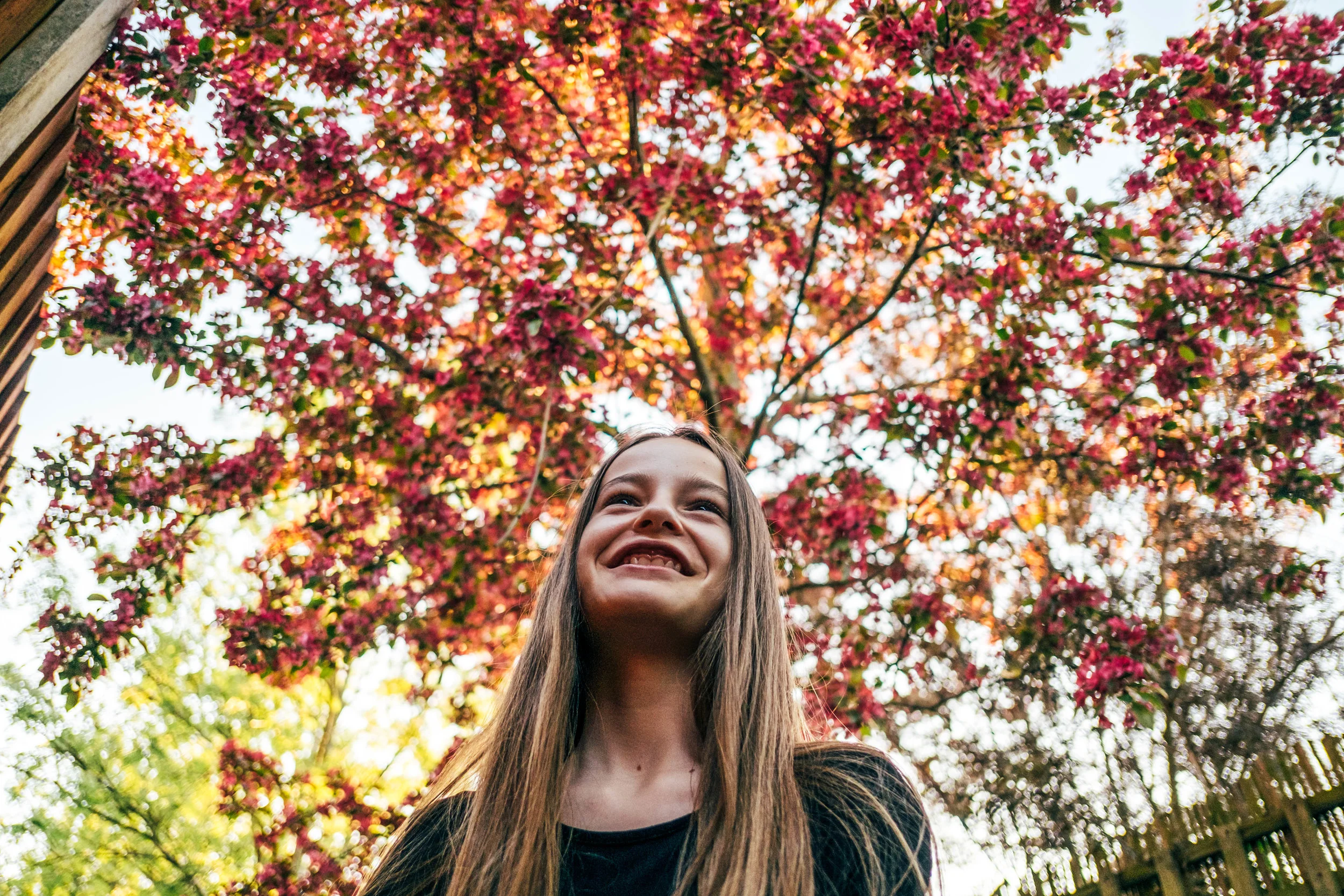 Tween girl under pink blossom tree Essex Documentary Family Wedding Photographer