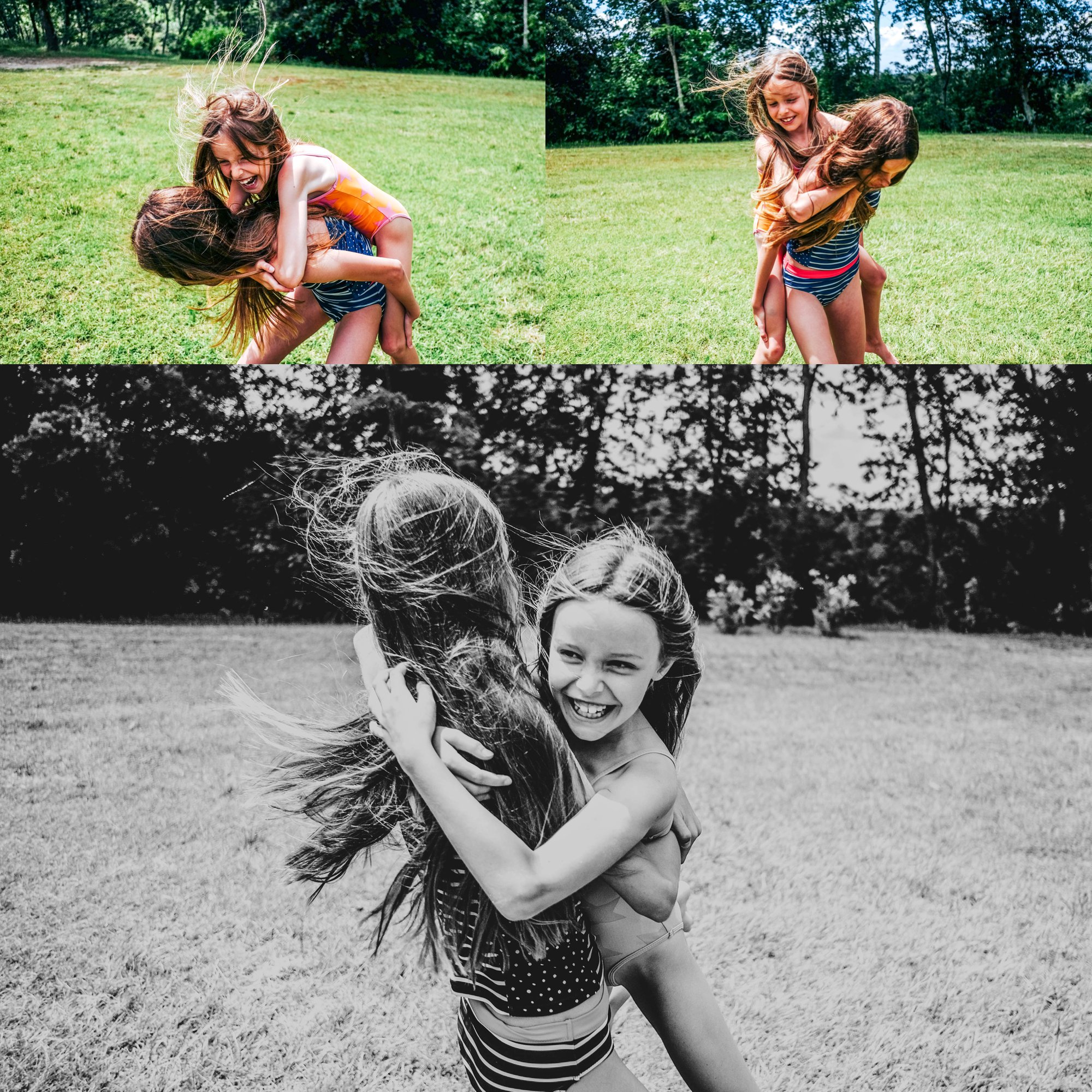 Sisters playing in garden in Tuscany Essex Documentary Wedding Travel Photographer