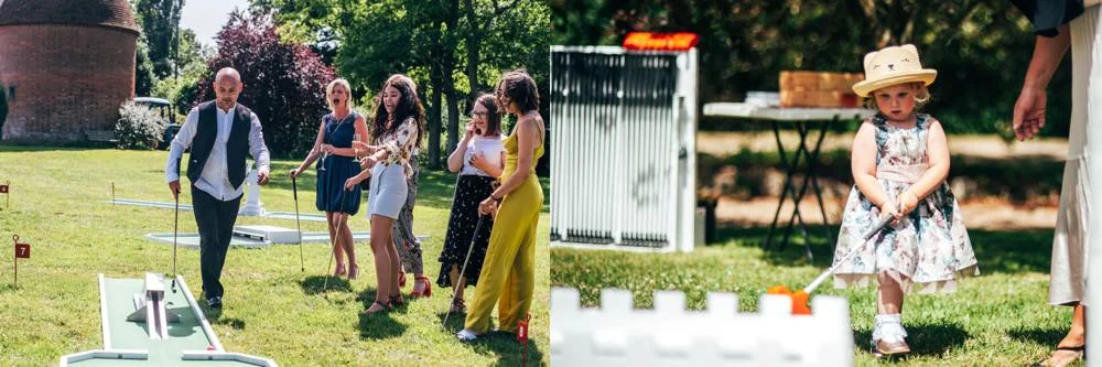 Rustic Summer wedding at Ratsbury Barn with Mini Golf, lawn games, pizza and home-made cake. Bride wears Mori Lee. Essex Documentary Wedding Photographer