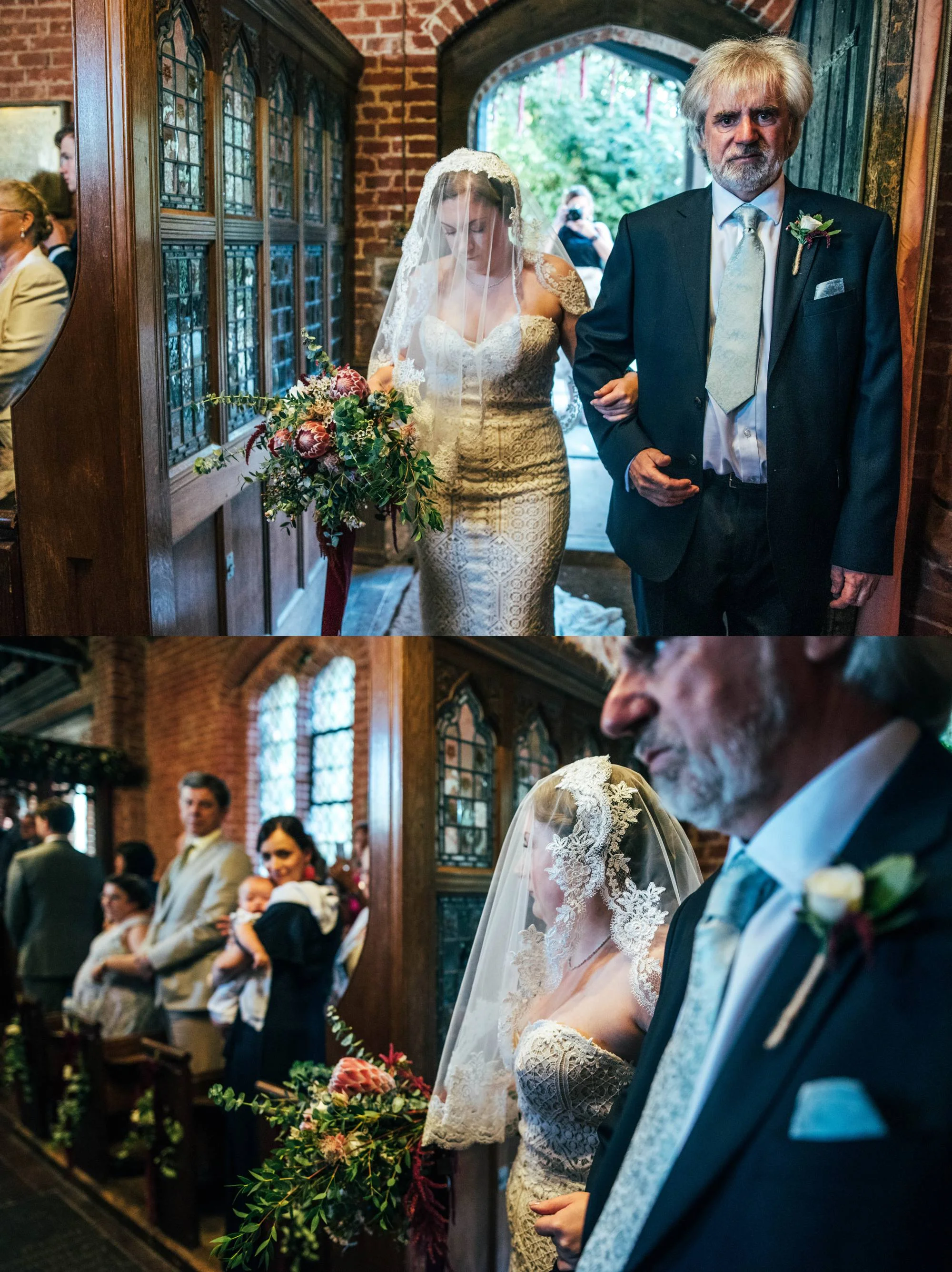 East Anglian Railway Museum Wedding. Vintage lace with Red &amp; Light Blue Palette with Proteas Bouquet. Essex Documentary Wedding Photographer
