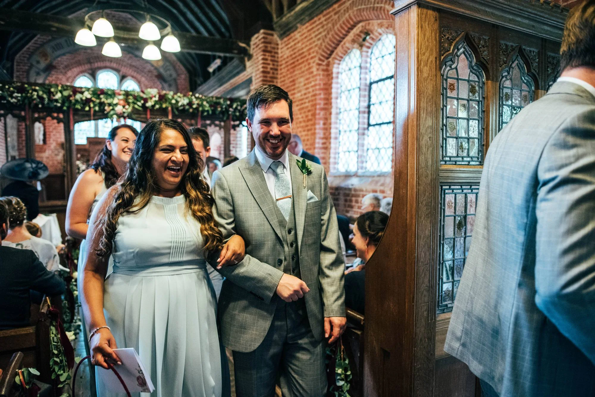 East Anglian Railway Museum Wedding. Vintage lace with Red &amp; Light Blue Palette with Proteas Bouquet. Essex Documentary Wedding Photographer