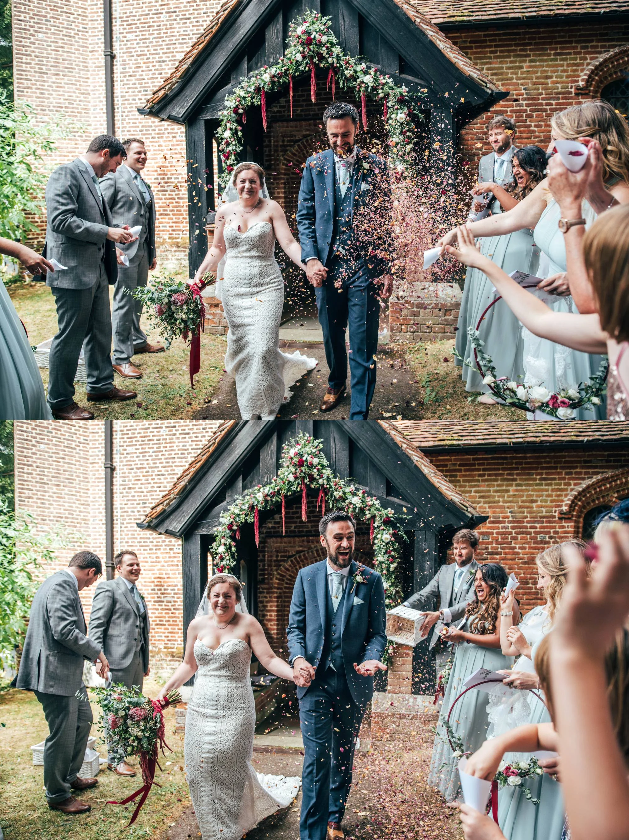 East Anglian Railway Museum Wedding. Vintage lace with Red &amp; Light Blue Palette with Proteas Bouquet. Essex Documentary Wedding Photographer