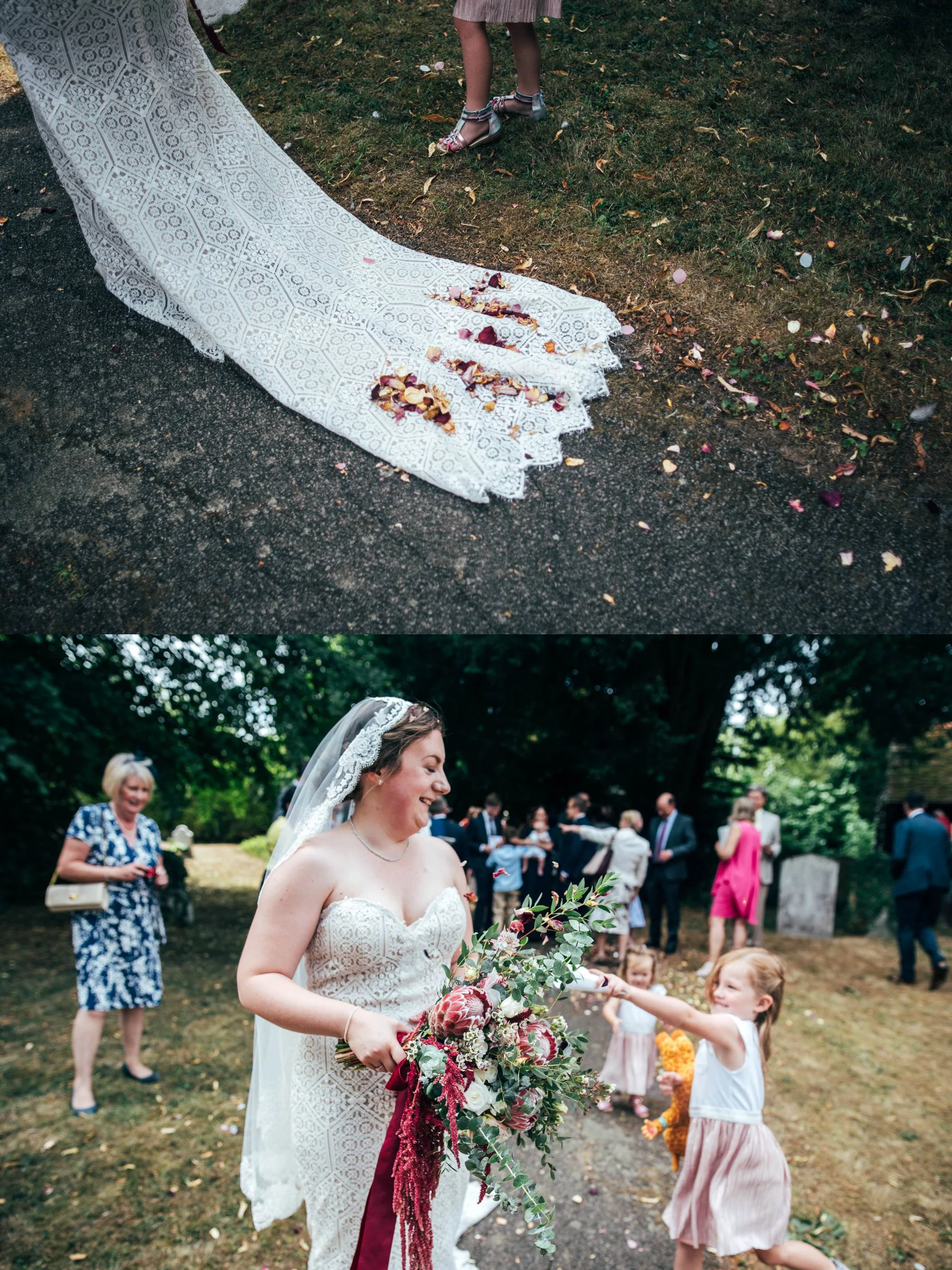 East Anglian Railway Museum Wedding. Vintage lace with Red &amp; Light Blue Palette with Proteas Bouquet. Essex Documentary Wedding Photographer