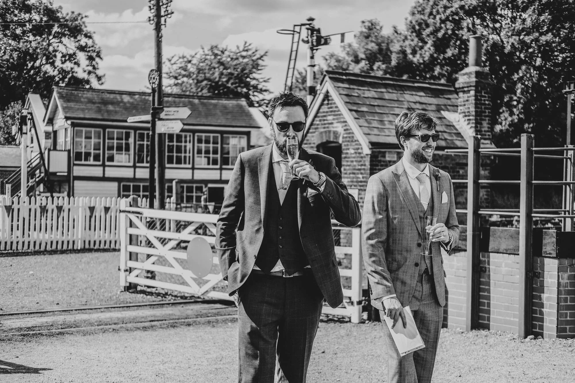 East Anglian Railway Museum Wedding. Vintage lace with Red &amp; Light Blue Palette with Proteas Bouquet. Essex Documentary Wedding Photographer