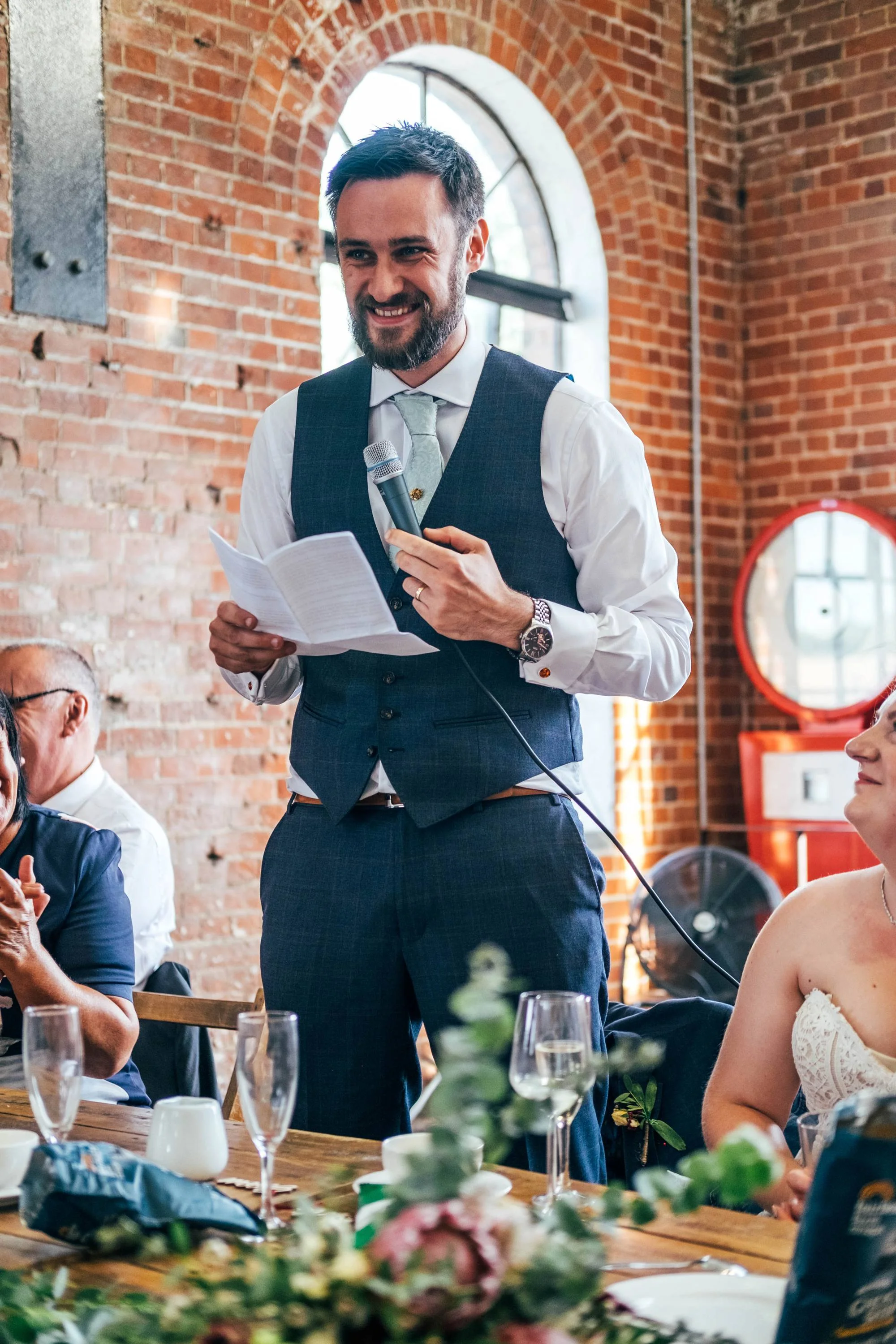 East Anglian Railway Museum Wedding. Vintage lace with Red &amp; Light Blue Palette with Proteas Bouquet. Essex Documentary Wedding Photographer