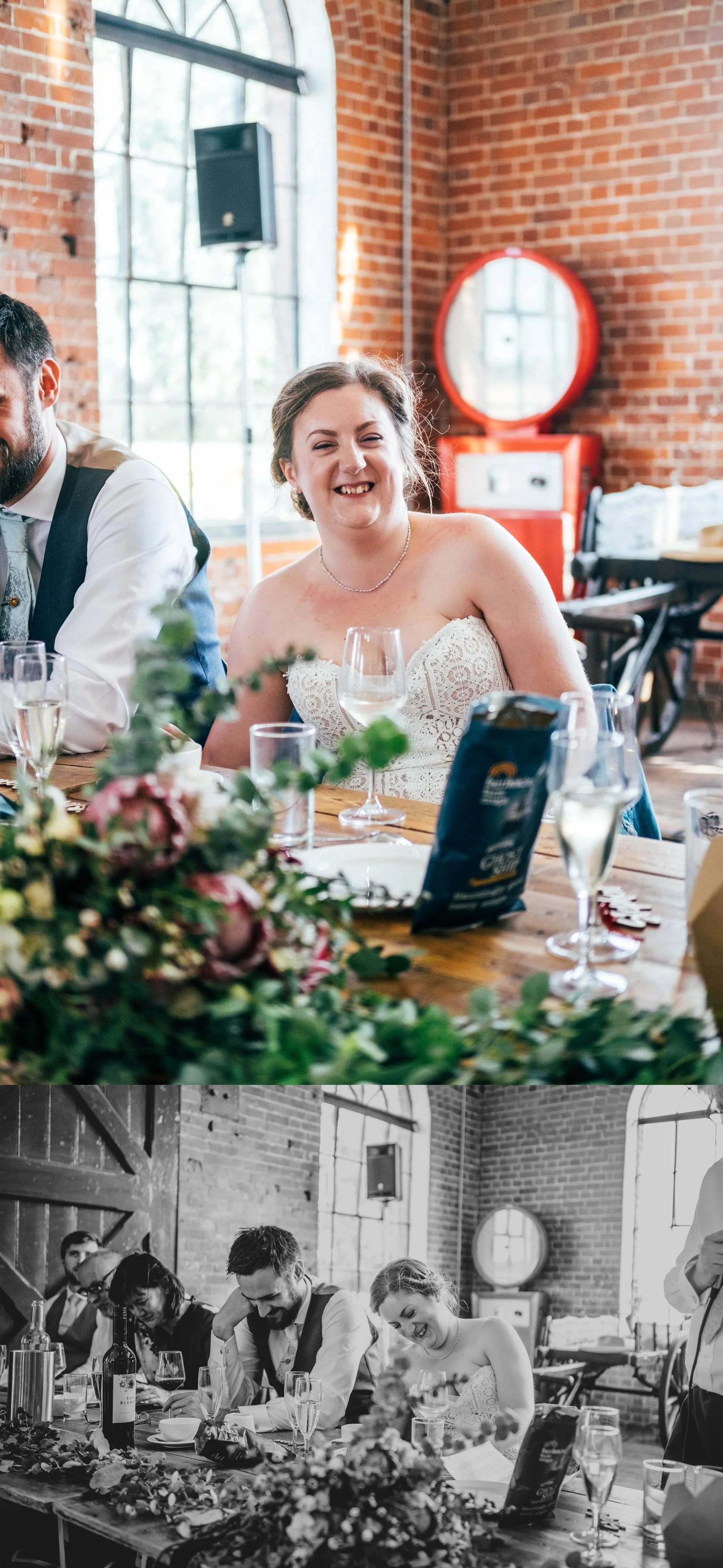 East Anglian Railway Museum Wedding. Vintage lace with Red &amp; Light Blue Palette with Proteas Bouquet. Essex Documentary Wedding Photographer