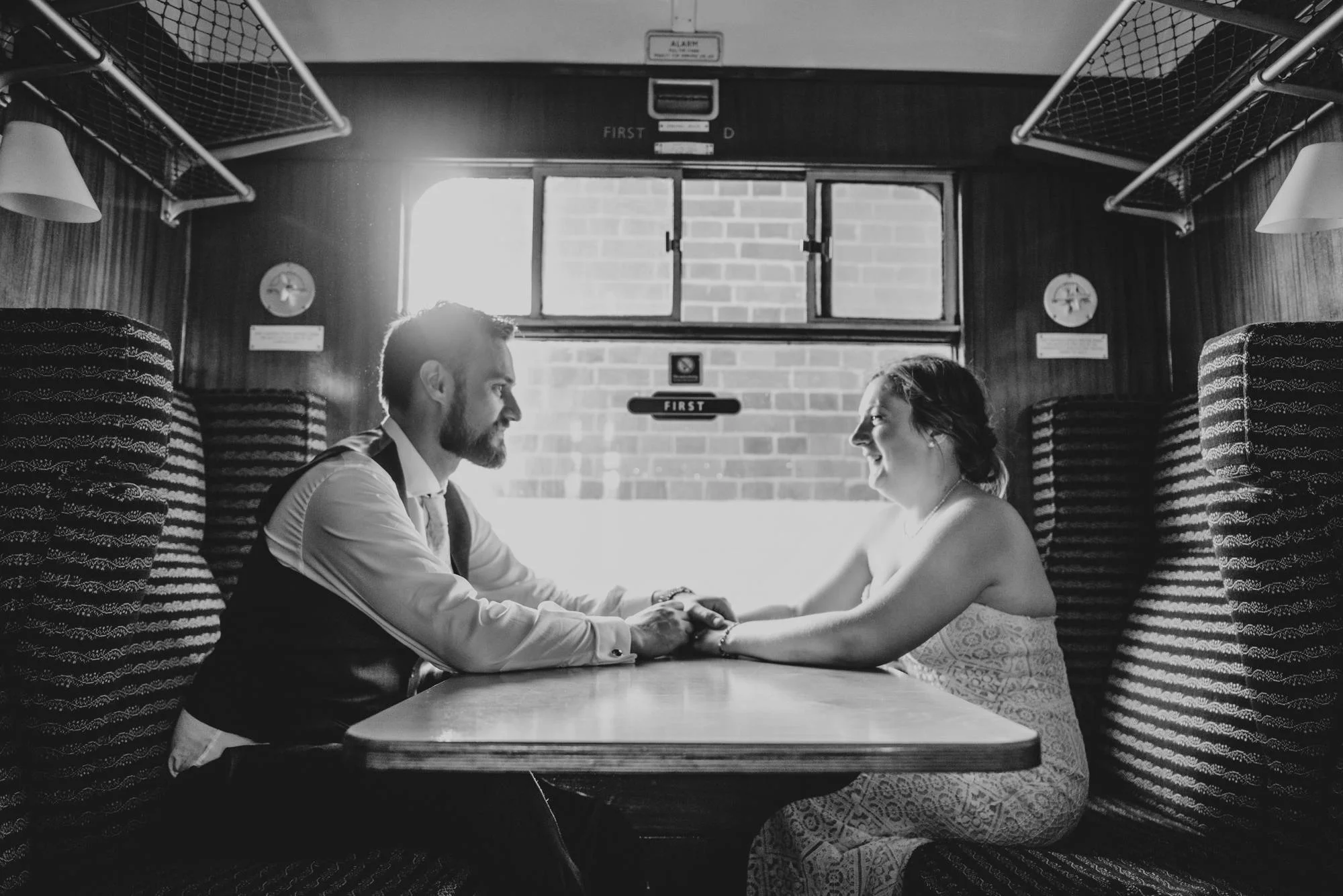 East Anglian Railway Museum Wedding. Vintage lace with Red &amp; Light Blue Palette with Proteas Bouquet. Essex Documentary Wedding Photographer
