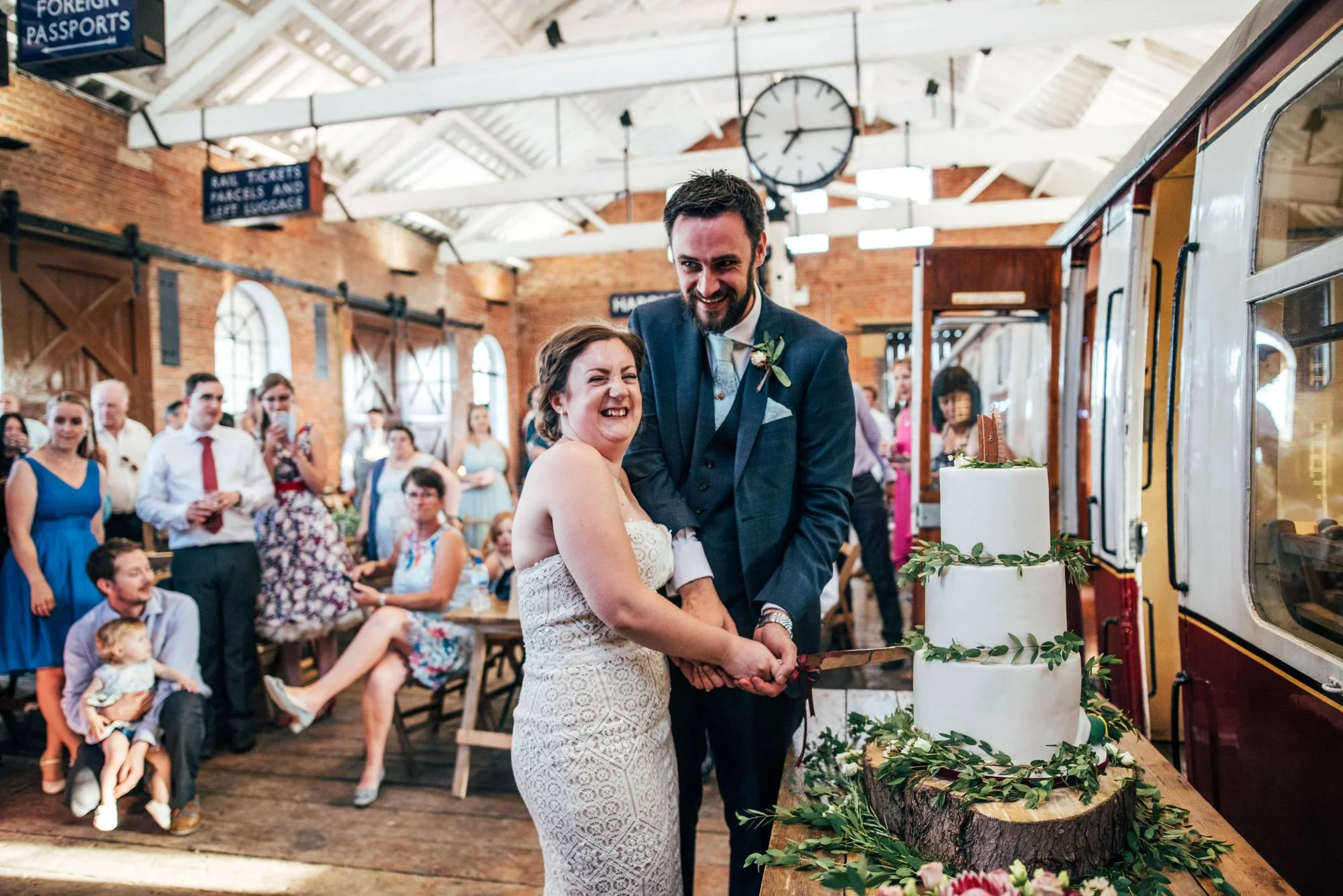 East Anglian Railway Museum Wedding. Vintage lace with Red &amp; Light Blue Palette with Proteas Bouquet. Essex Documentary Wedding Photographer