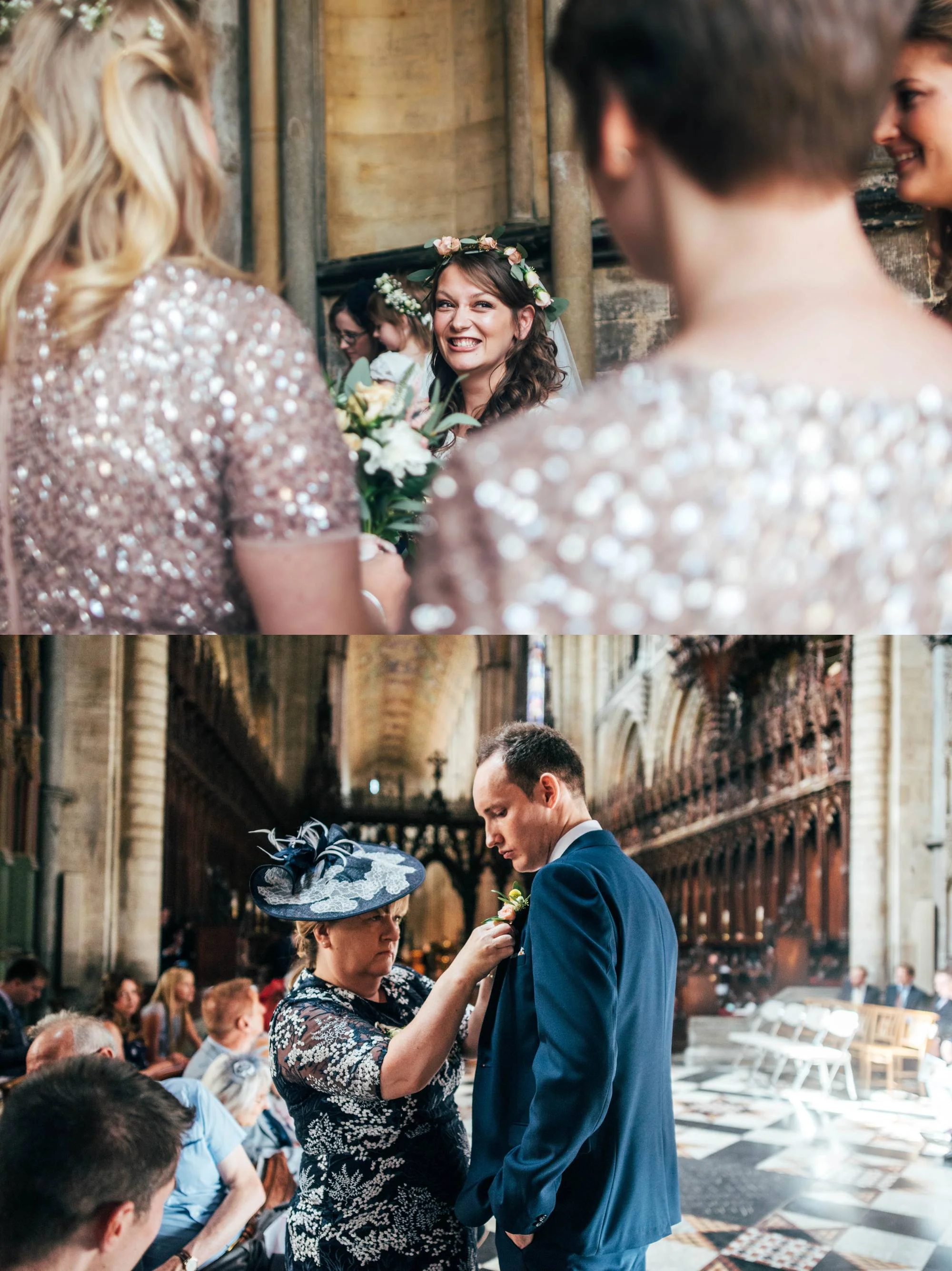 Ely Cathedral with a DIY, Boho Farm Wedding Reception at Bedingham's Farm , Bride wears Willowby by Watters and a Flower Crown. Essex Documentary Wedding Photographer.